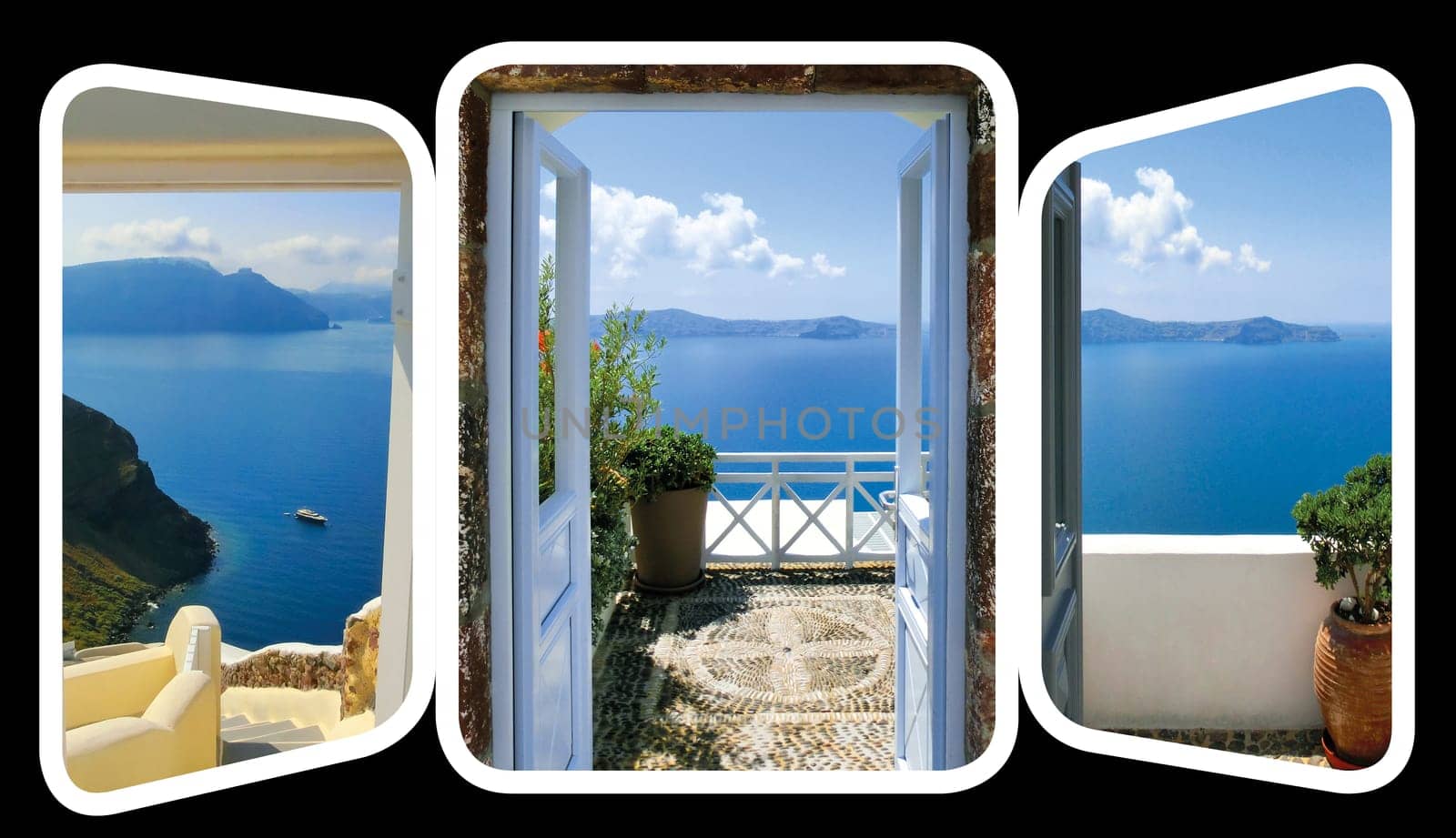 The open gate and stairs, leading to a sea. The set from views in Oia, Santorini, Greece