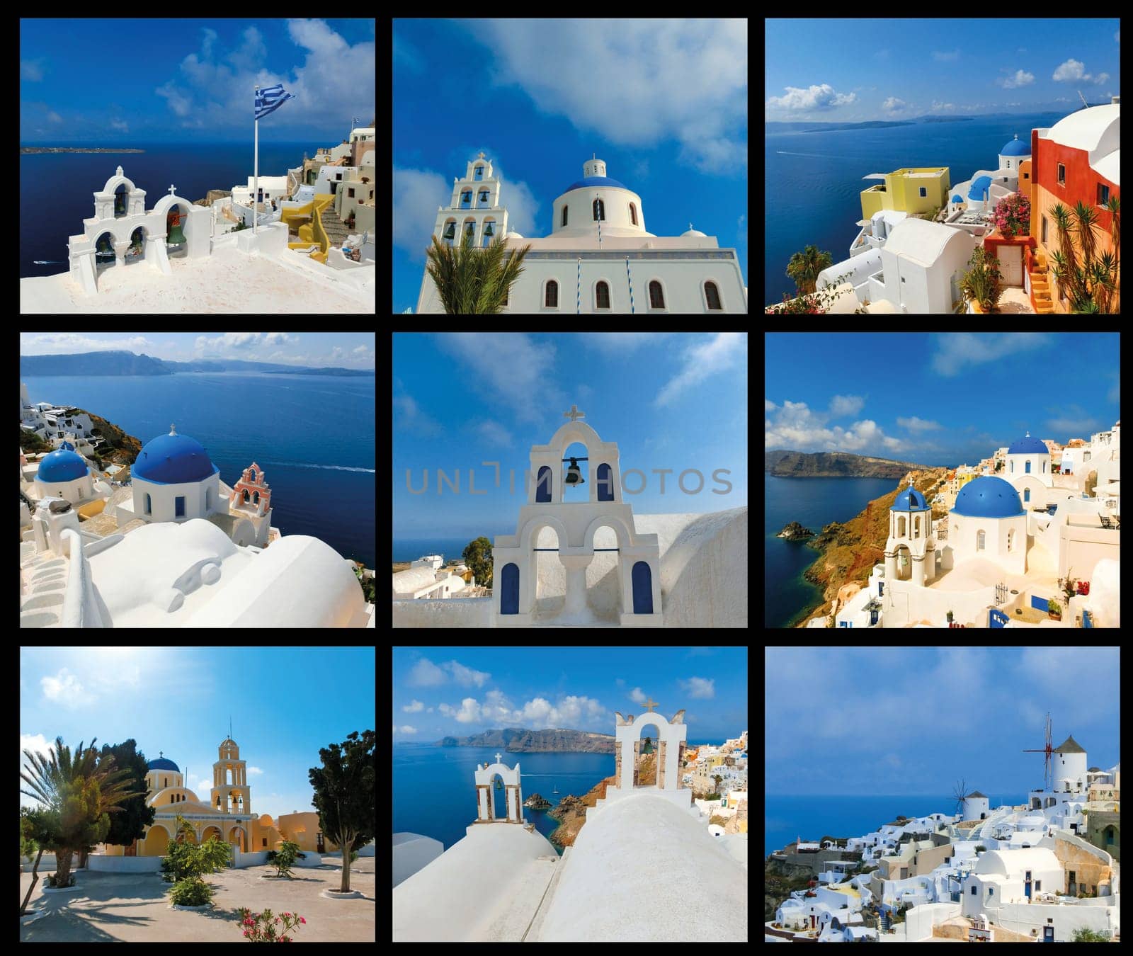 The collage of scenic views of traditional cycladic white houses and blue domes in Oia village, Santorini island, Greece