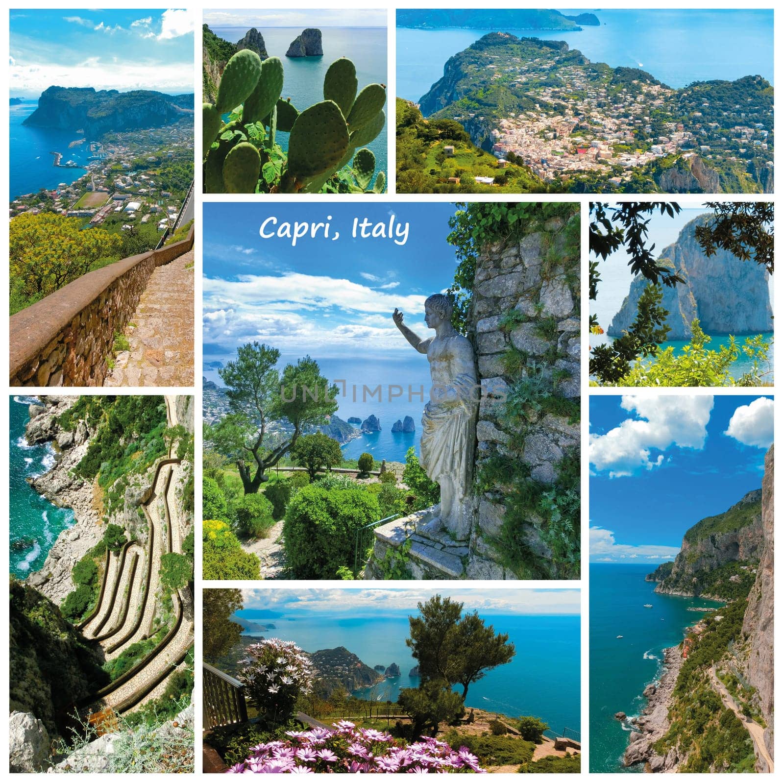 Collage from views of Capri, beautiful and famous island in the Mediterranean Sea Coast, Naples. Italy.