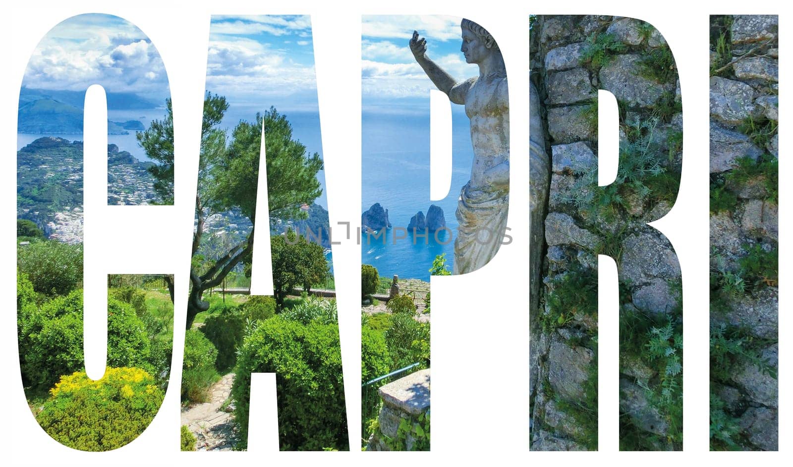 Capri island, Italy.Capri is an island in the Tyrrhenian Sea near Naples. Capri - island name sign with photo in background