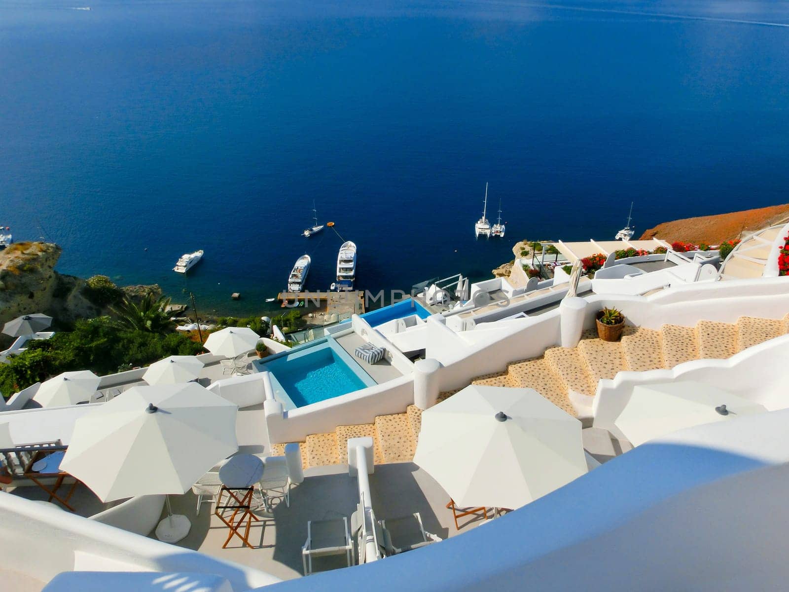 View to the sea from Oia the most beautiful village of Santorini island in Greece