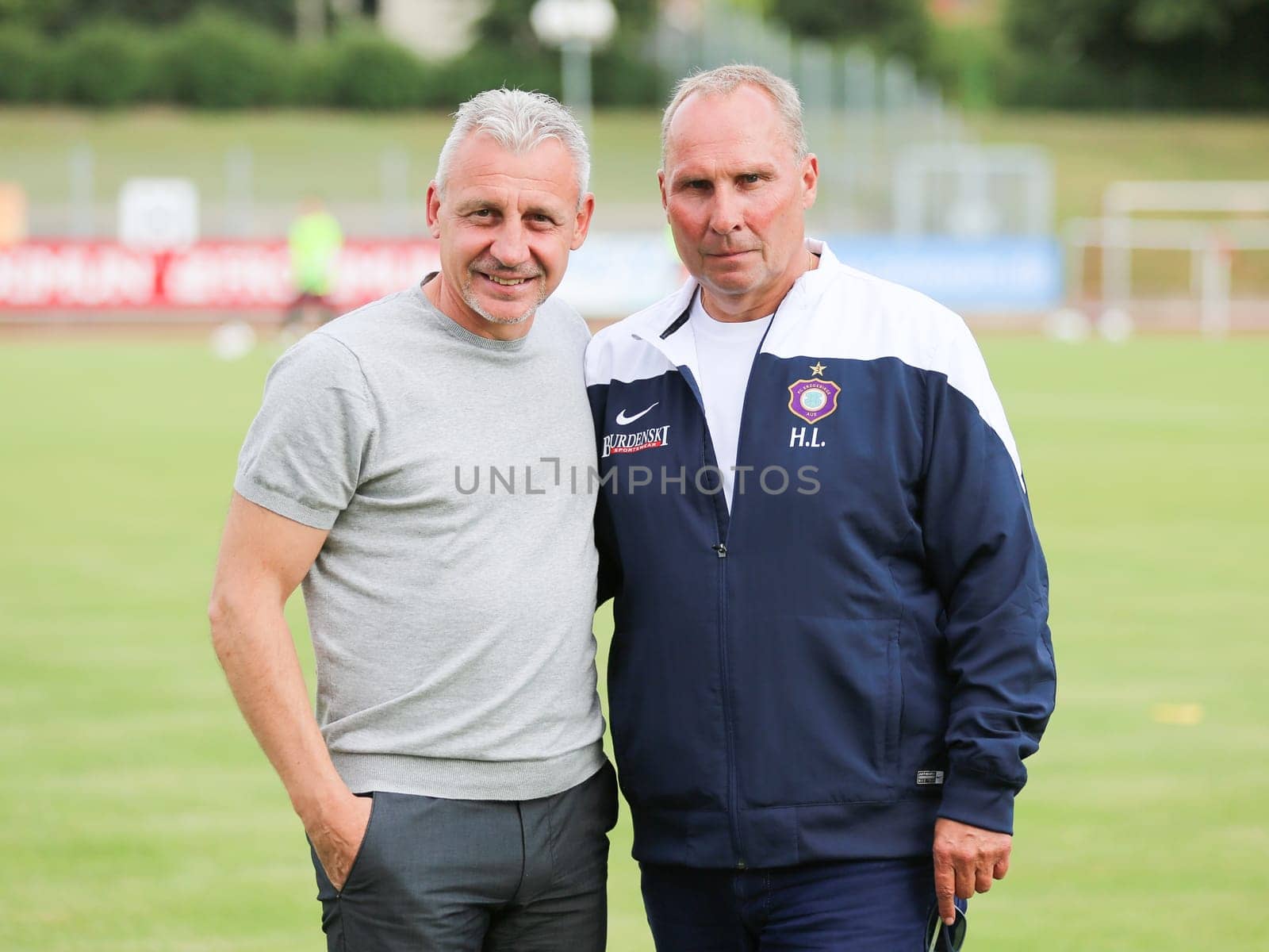 Head coach Pavel Dotchev and president Helge Leonhardt ( both FC Erzgebirge Aue 2.Bundesliga season 2016-17 ) at the friendly match FC Erzgebirge Aue - Hannover 96 on 27.7.2016 in the Friedensstadion Halberstadt