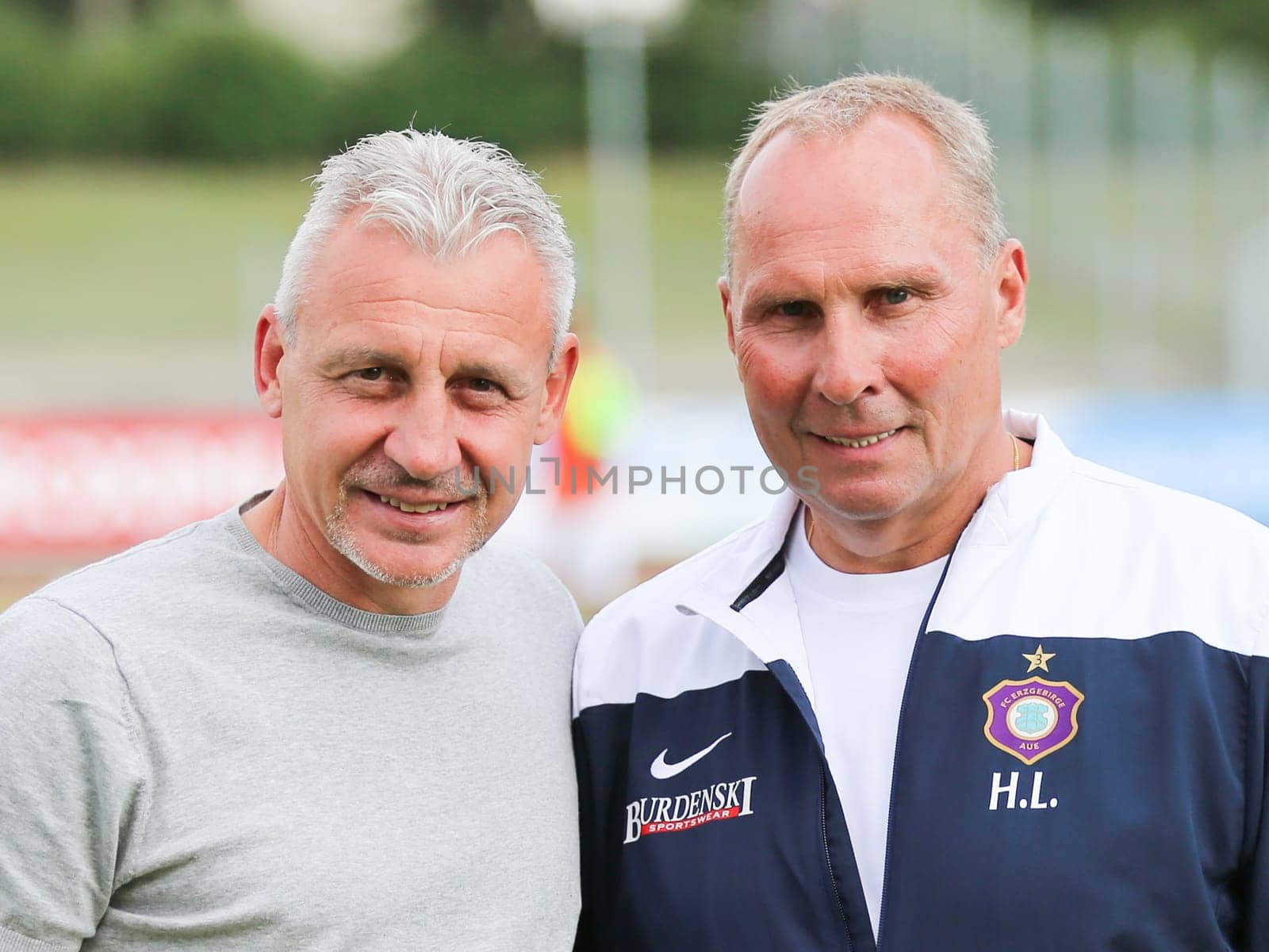 Head coach Pavel Dotchev and president Helge Leonhardt ( both FC Erzgebirge Aue 2.Bundesliga season 2016-17 ) at the friendly match FC Erzgebirge Aue - Hannover 96 on 27.7.2016 in the Friedensstadion Halberstadt