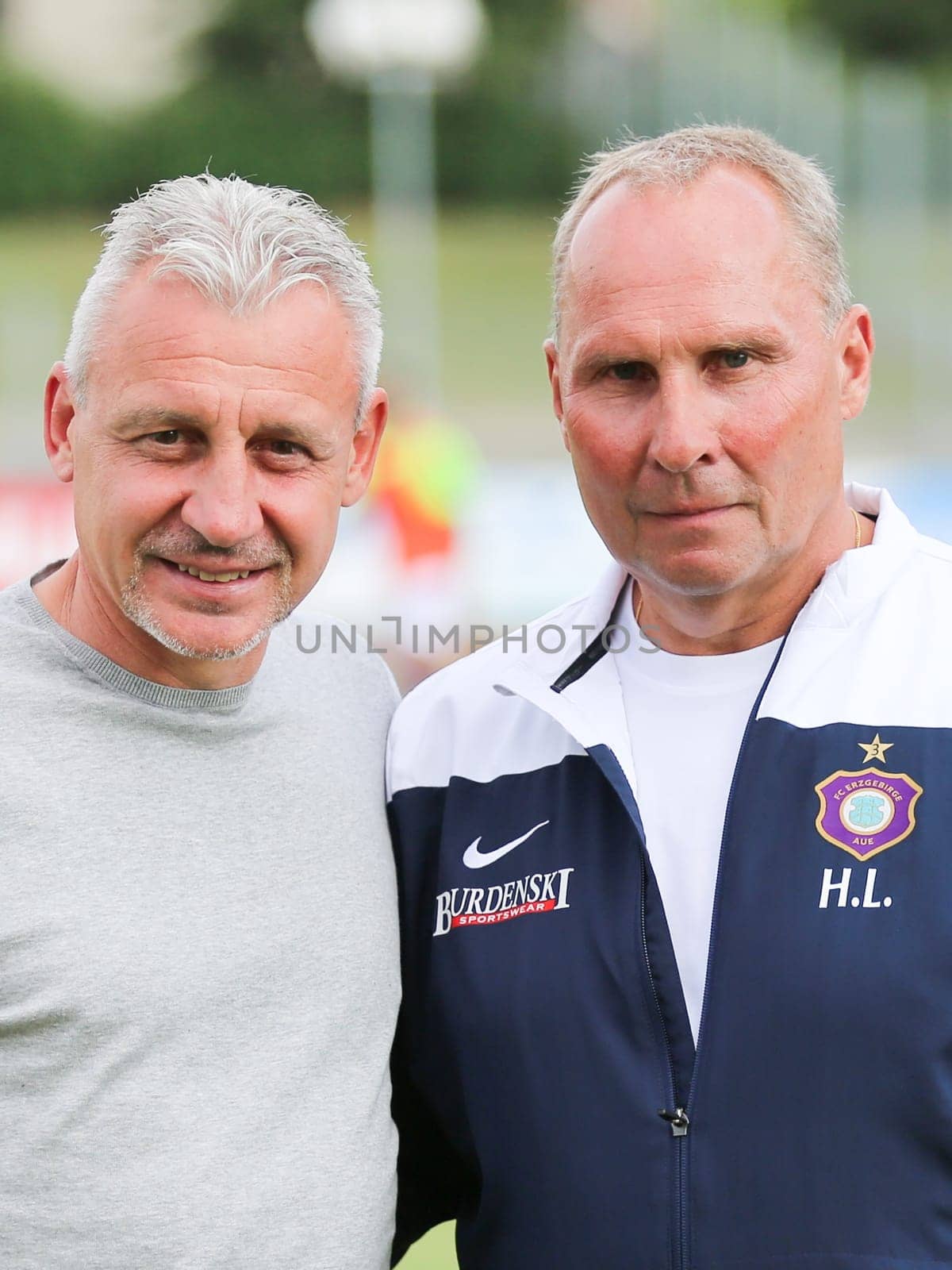 Head coach Pavel Dotchev and president Helge Leonhardt ( both FC Erzgebirge Aue 2.Bundesliga season 2016-17 ) at the friendly match FC Erzgebirge Aue - Hannover 96 on 27.7.2016 in the Friedensstadion Halberstadt