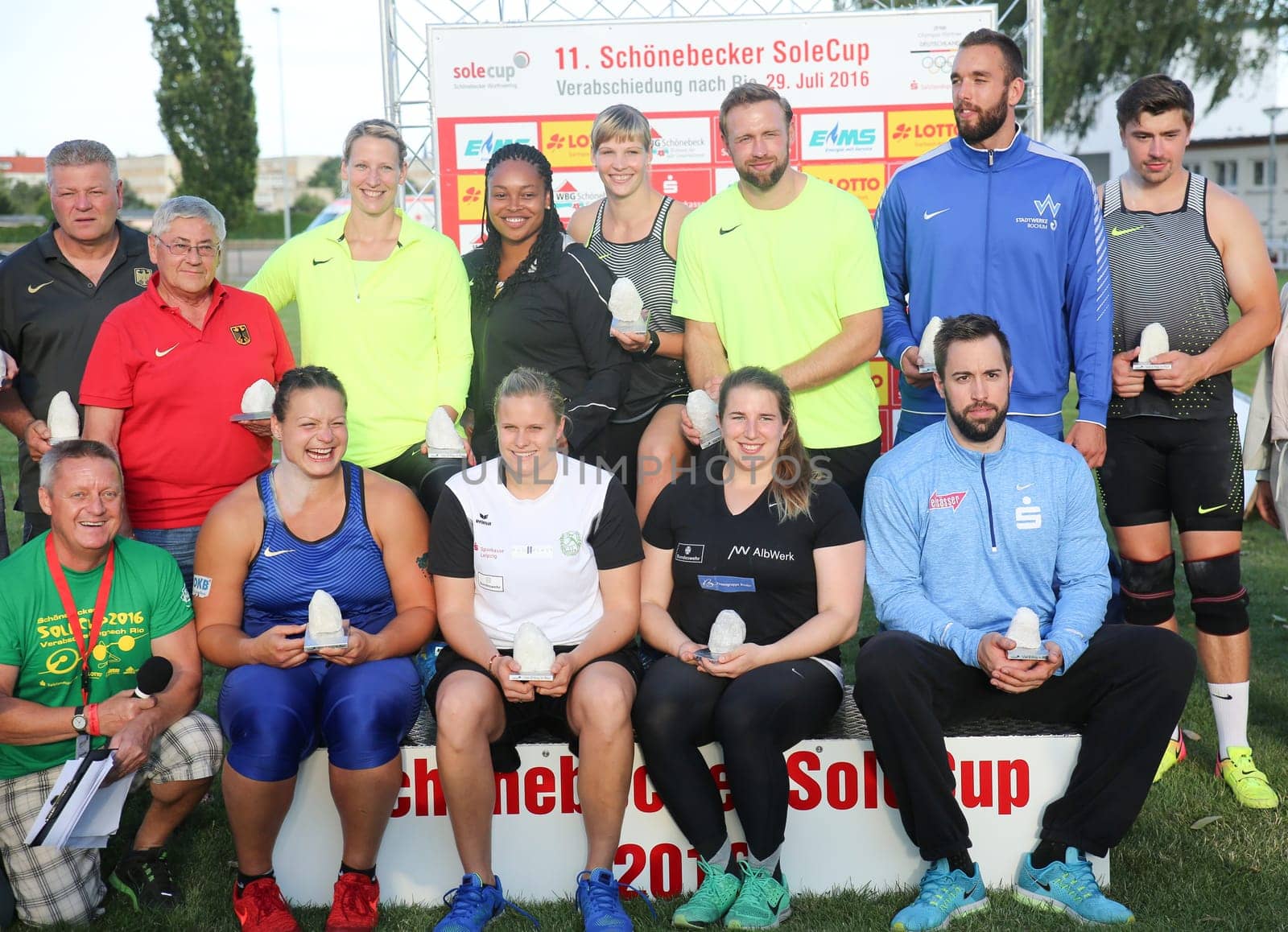 DLV German discus thrower and shot putter team with coach for the 2016 Olympics in Rio at the Schönebecker SoleCup 2016 in Schönebeck/Elbe