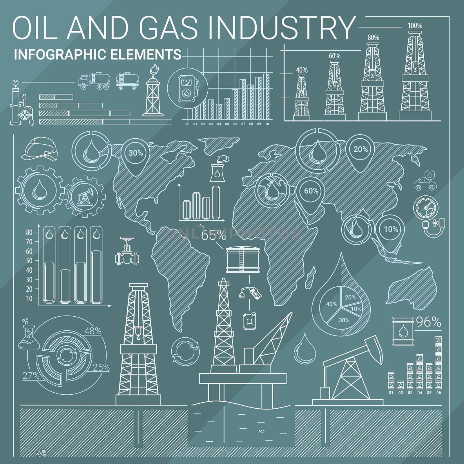 Oil and Gas line style infographic elements.