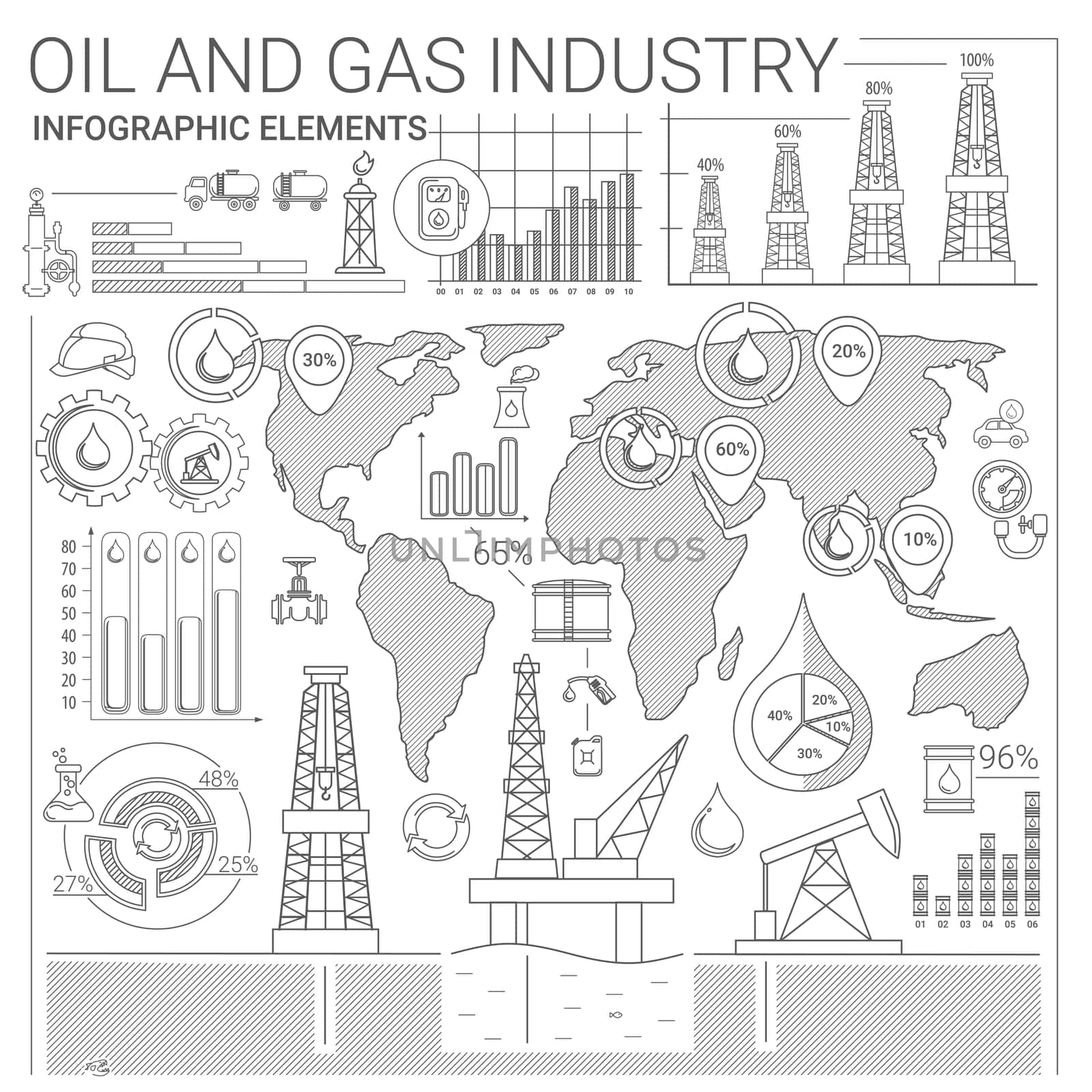 Oil and Gas line style infographic elements.
