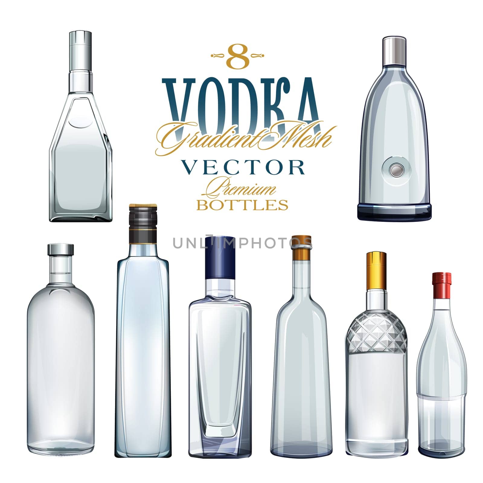 8 different bottles of vodka