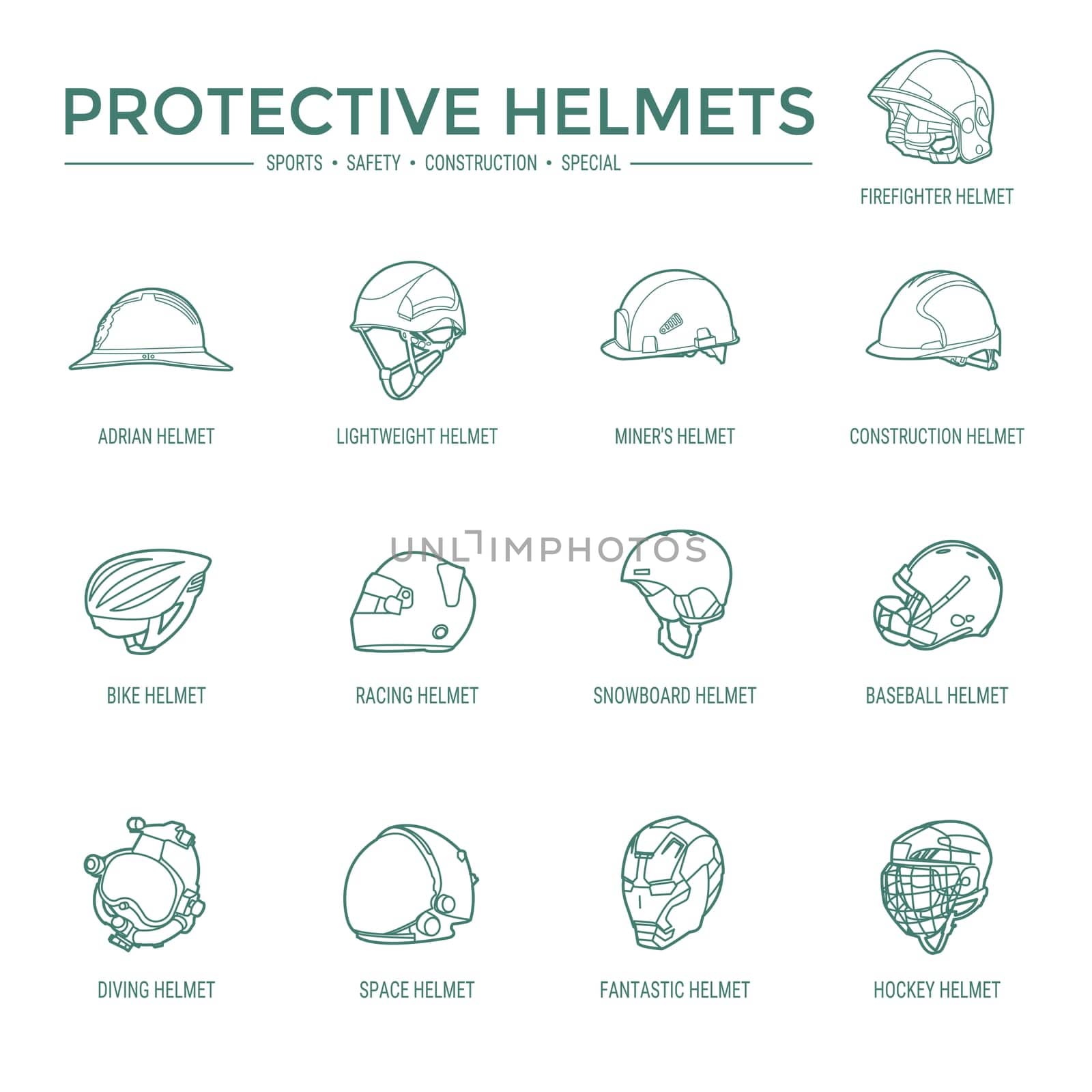 Sport, safety, construction and other special helmets