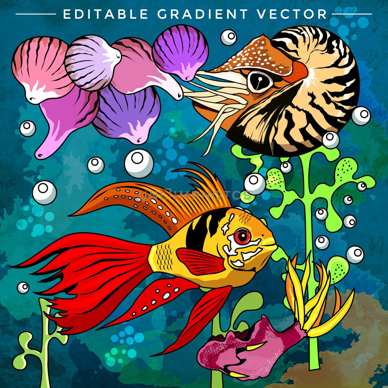 Fishes in aquarium. Bright colorful vector illustration.
