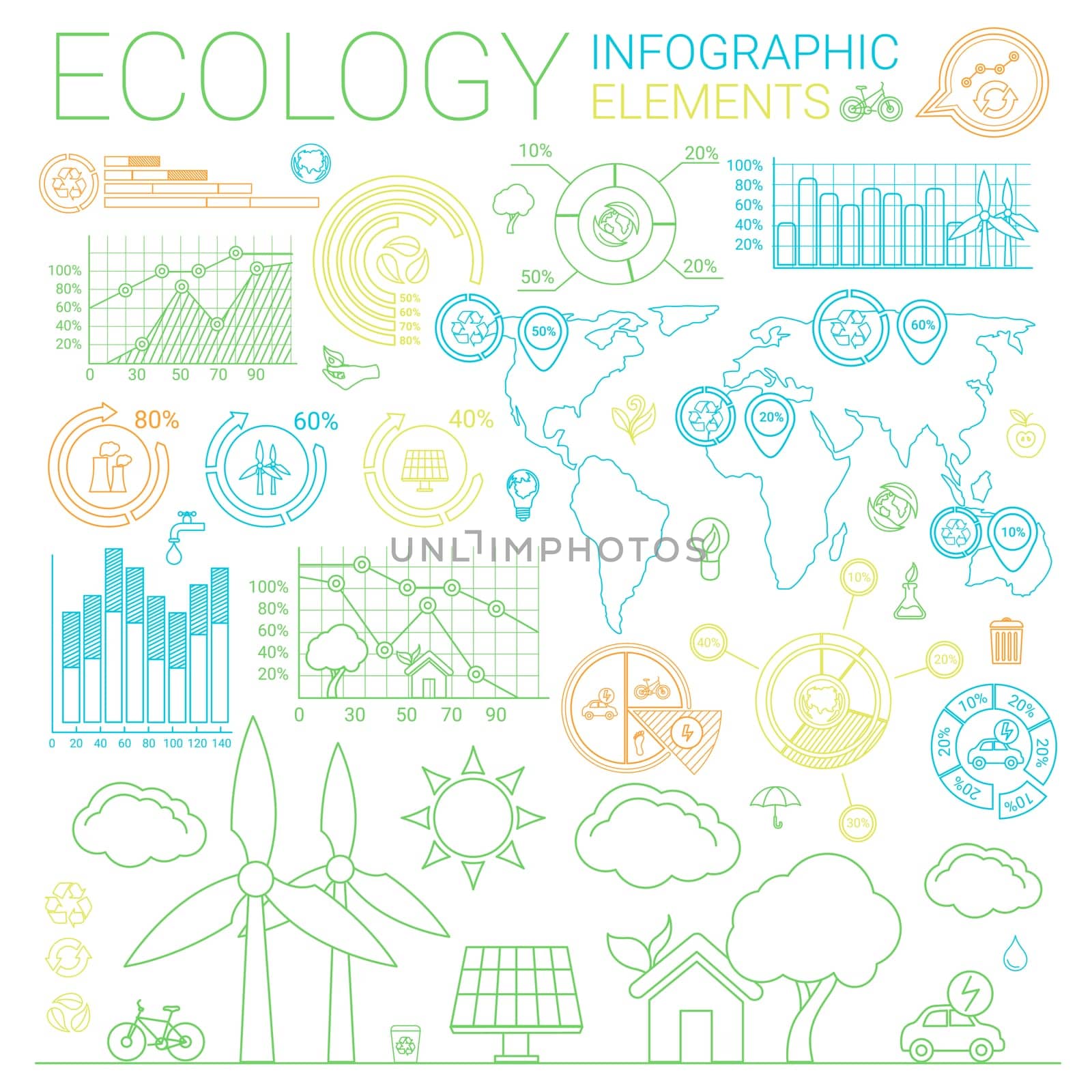 Ecology line style infographic elements and icons.