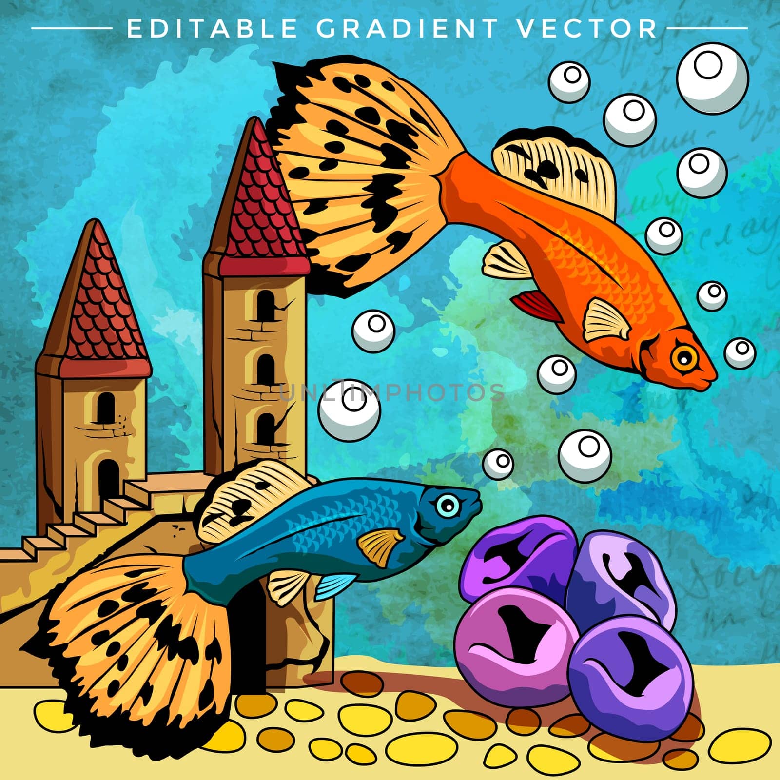 Fishes in aquarium. Bright colorful vector illustration.