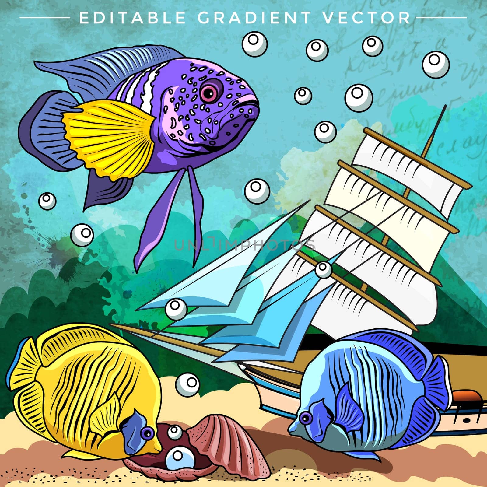 Fishes in aquarium. Bright colorful vector illustration.