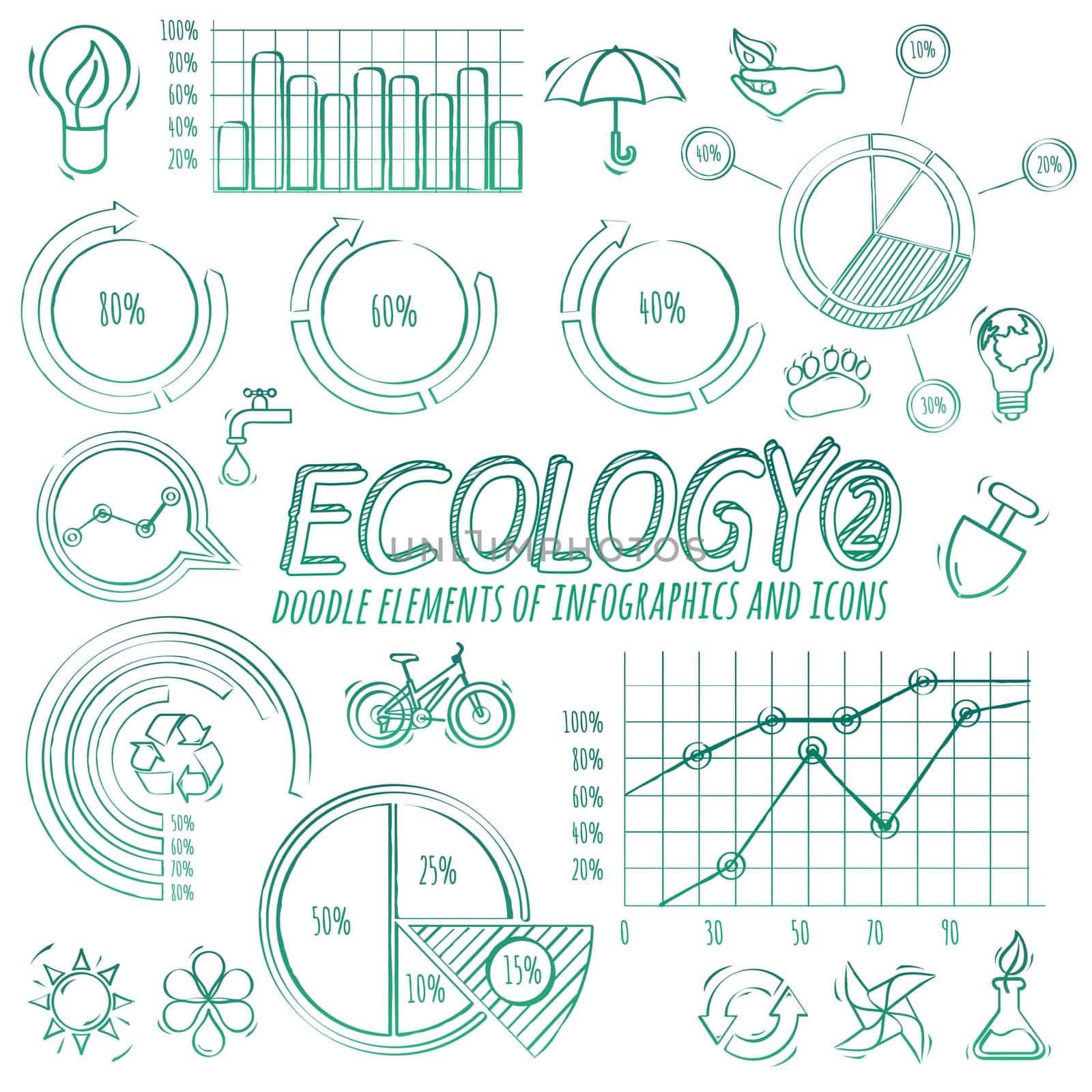 Ecology doodle infographic elements and icons in vector.