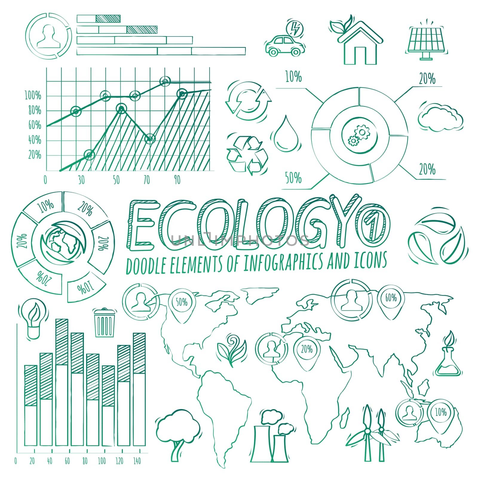 Ecology doodle infographic elements and icons in vector.