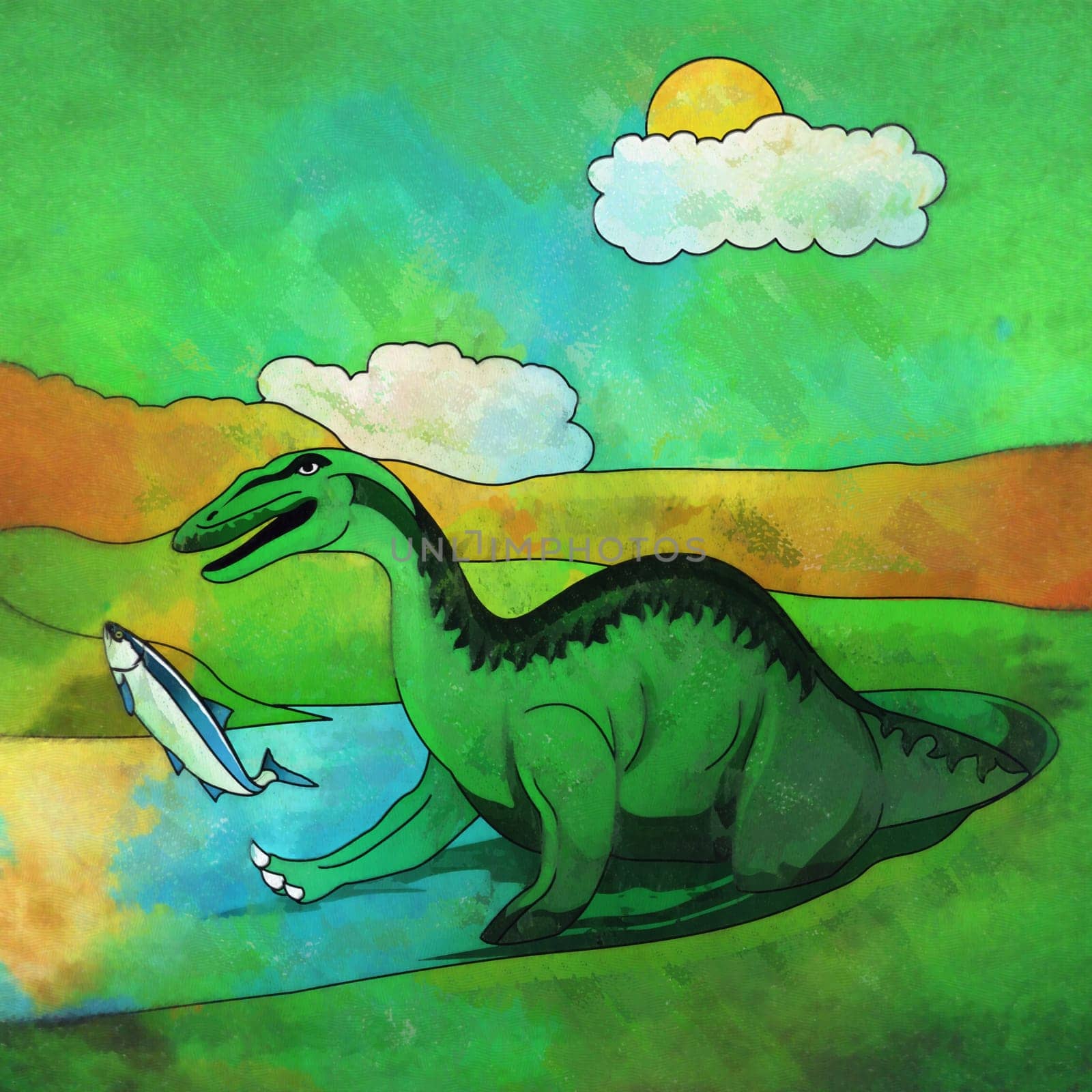 Baryonyx. Illustration of a dinosaur in its habitat.
