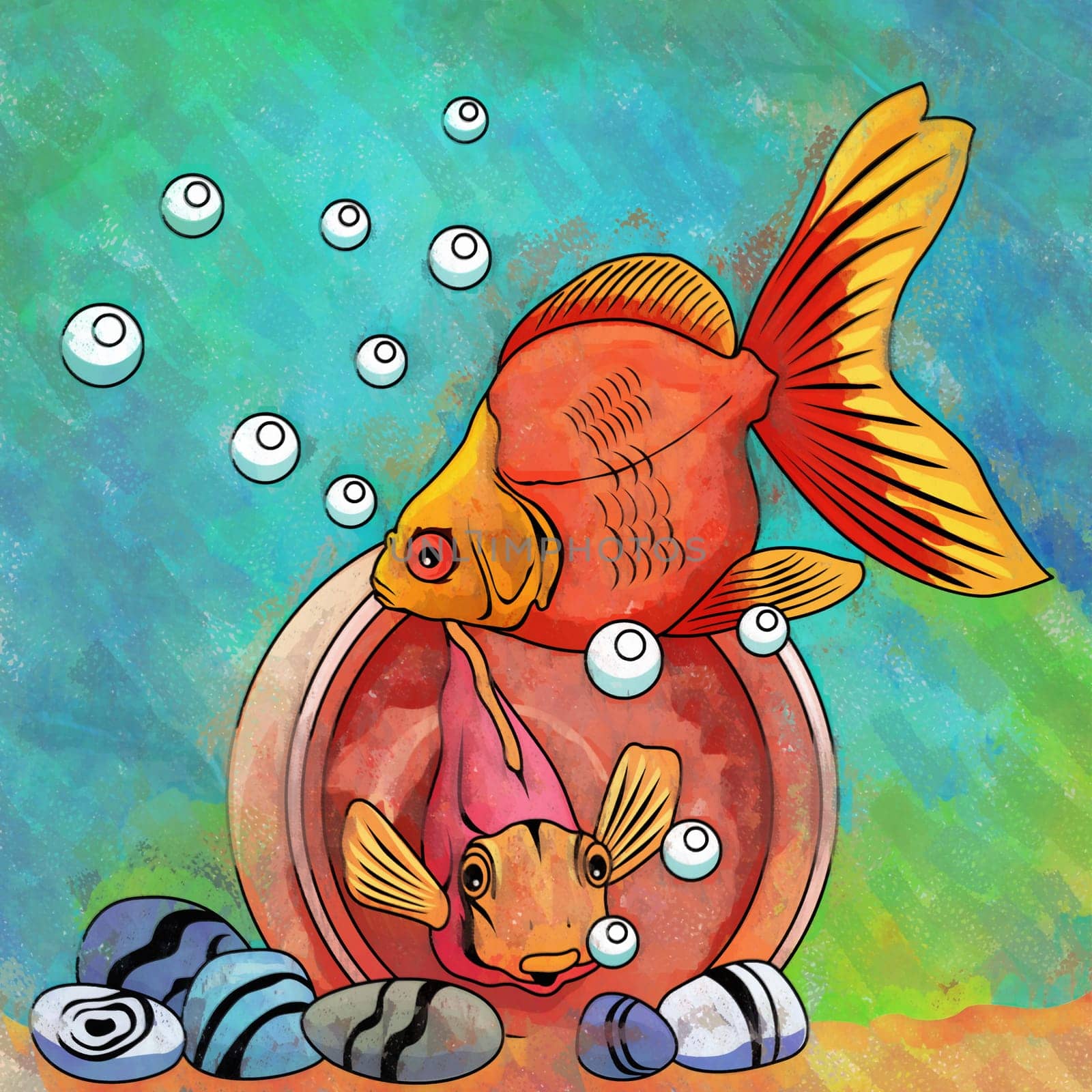 Fishes in aquarium. Bright colorful watercolor illustration.