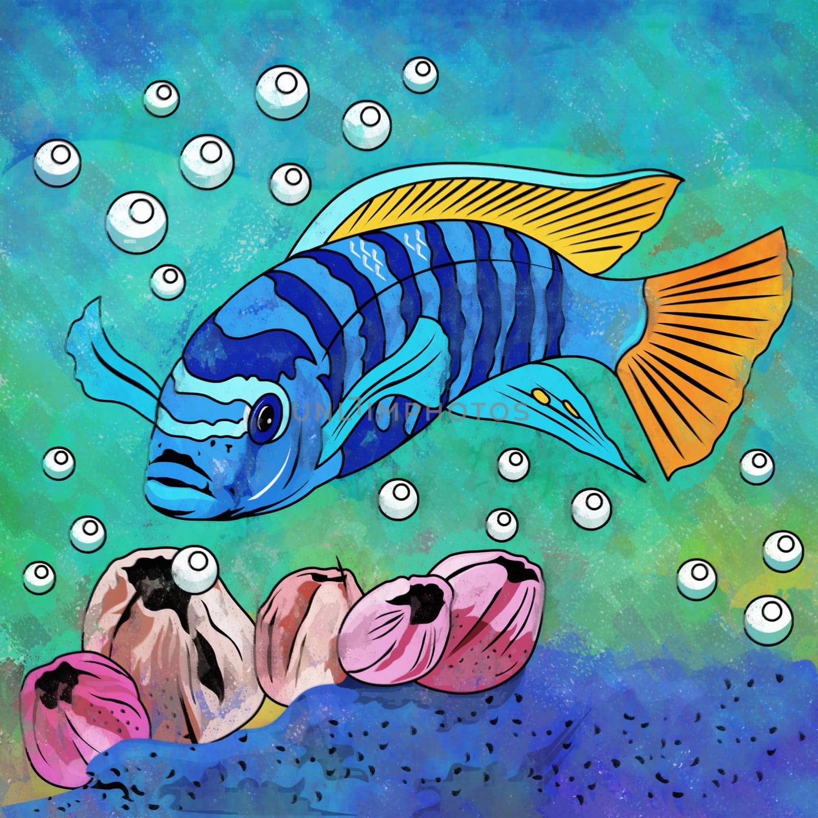 Fish in aquarium. Bright colorful watercolor illustration.