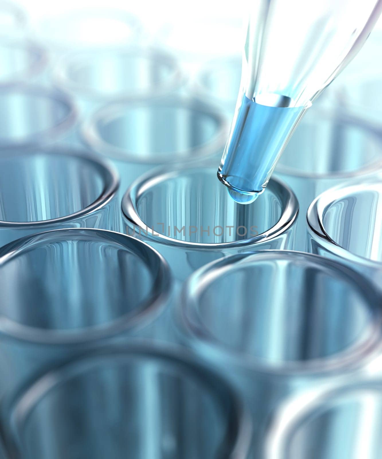 Several test tubes and a drop of liquid at the tip of pipette. Depth of field in the liquid drop.