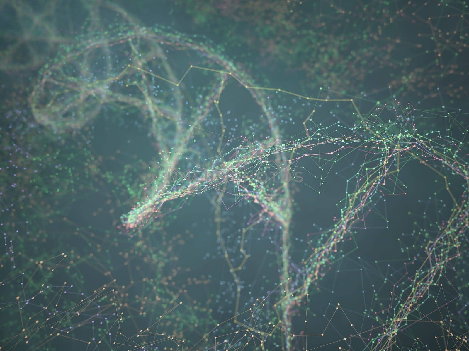 3D illustration. Dna helix connected by nodes and connections colored.