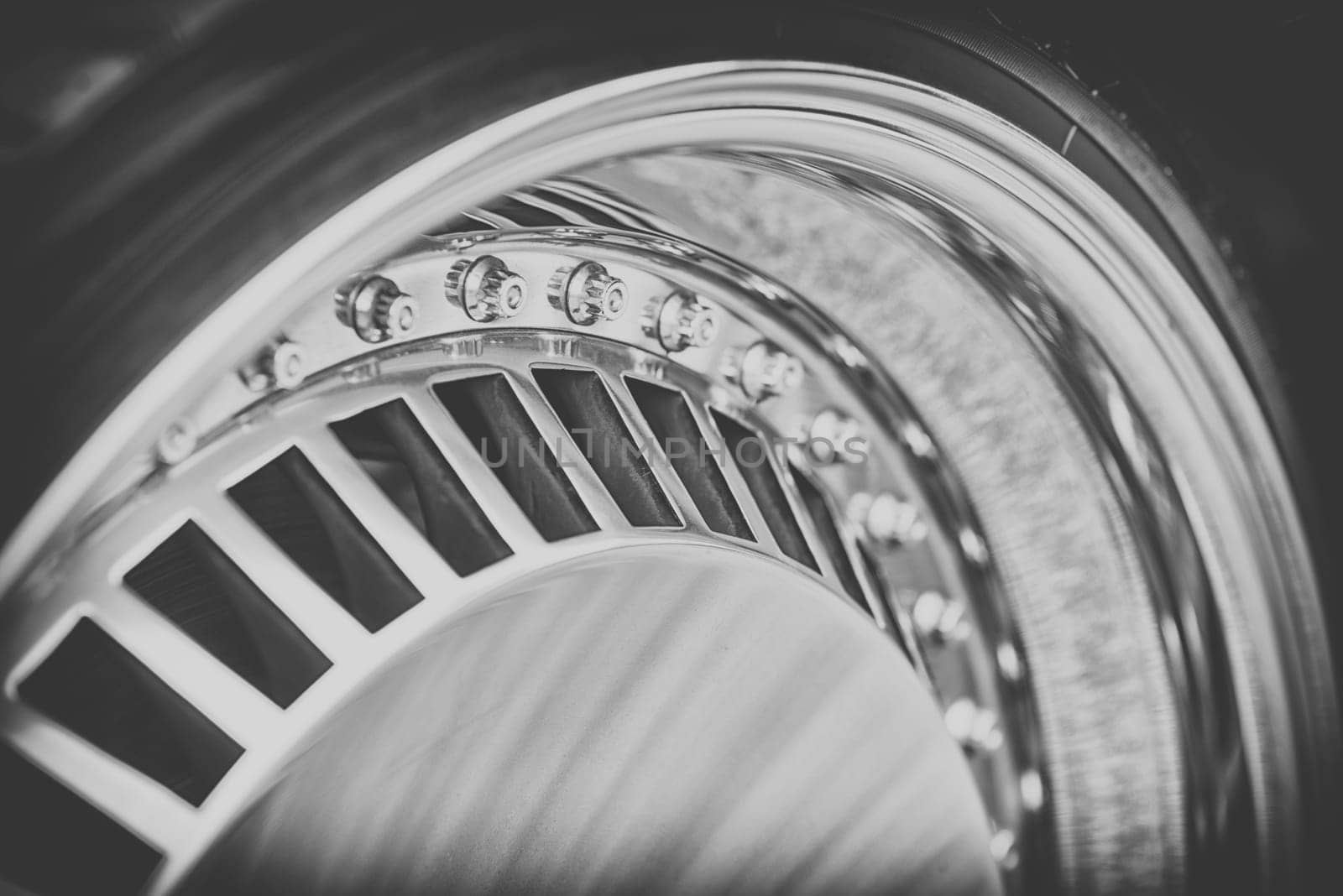 close-up of aluminum rim of luxury car wheel