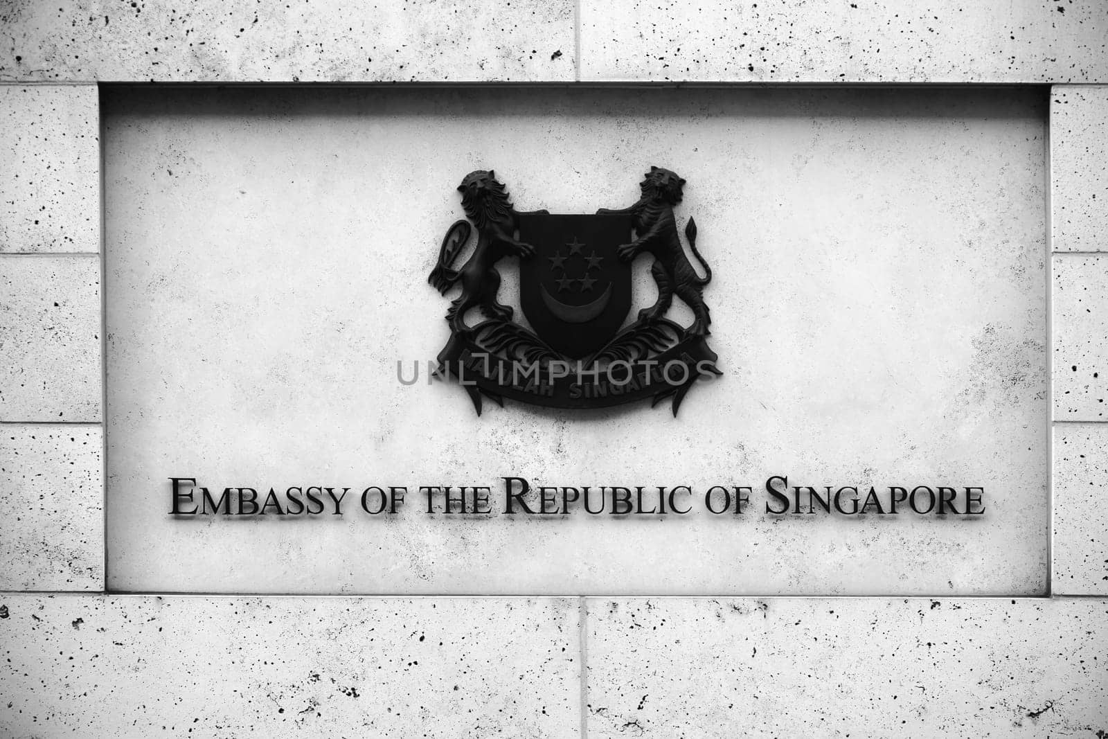 Berlin,Germany – June 21,2016: The entrance of the Embassy of the Republic of Singapore with a lettering and the state coat of arms on the façade on June 21,2016 in Berlin.