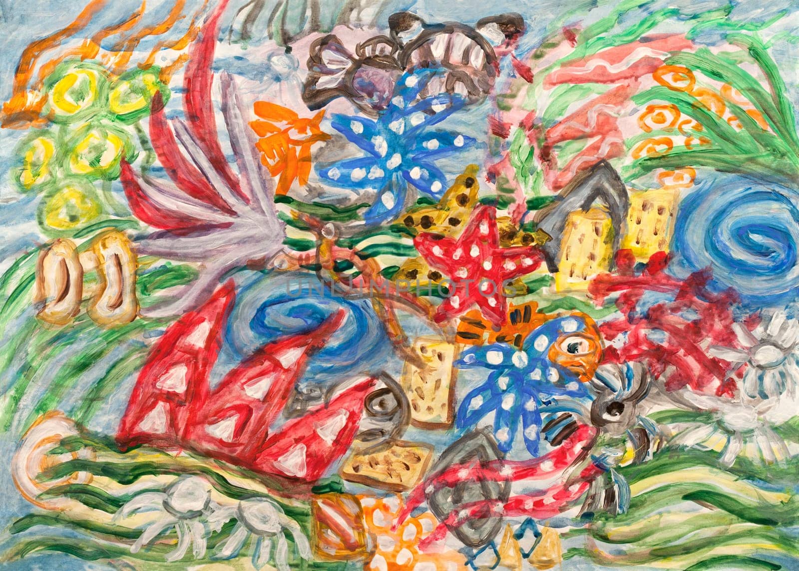 Underwater world abstract acrylic painting.
