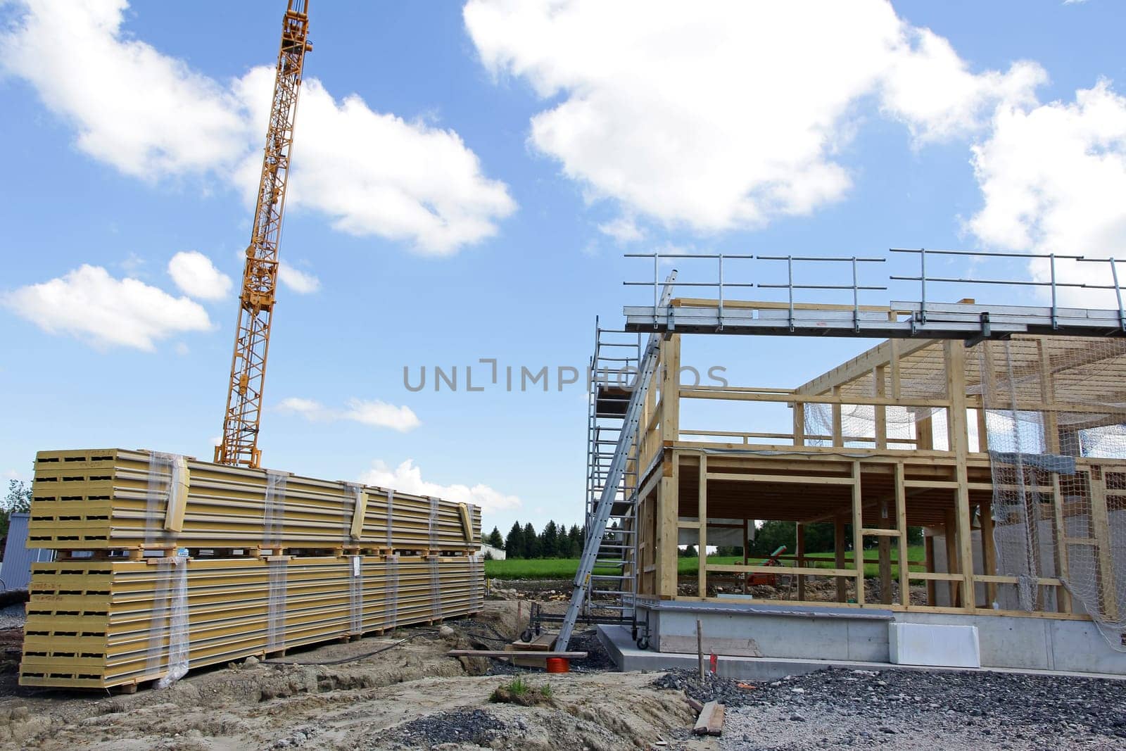 The new construction of a wooden house. Shell of a wooden house