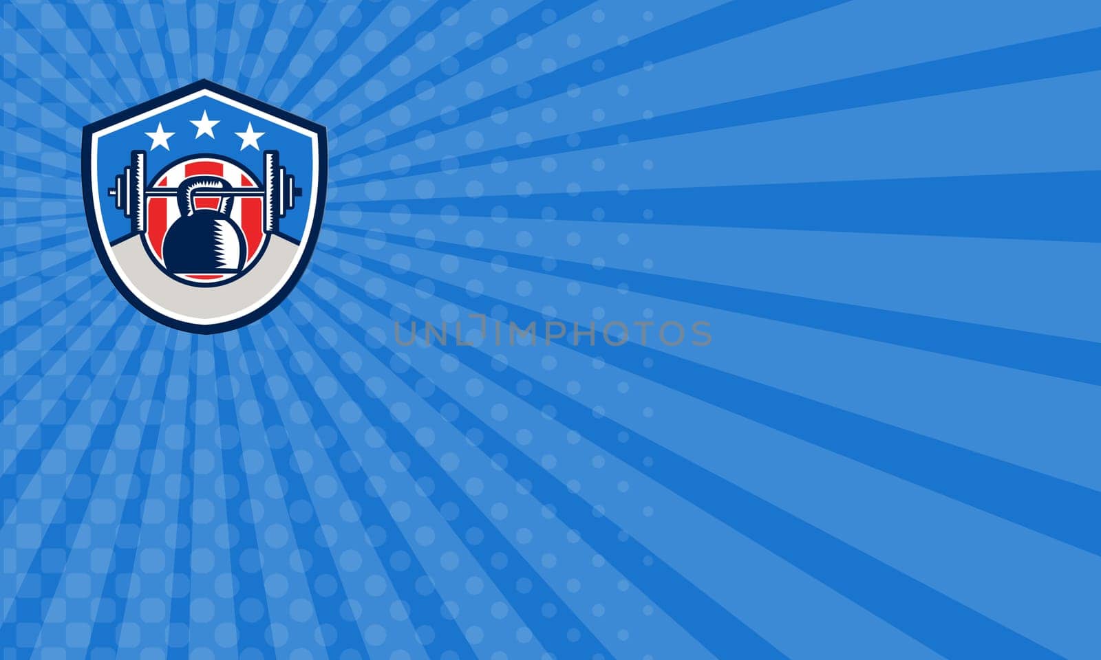 Business card showing illustration of a kettlebell hanging on a barbell set inside shield crest with stars and stripes usa flag in the background done in retro style.