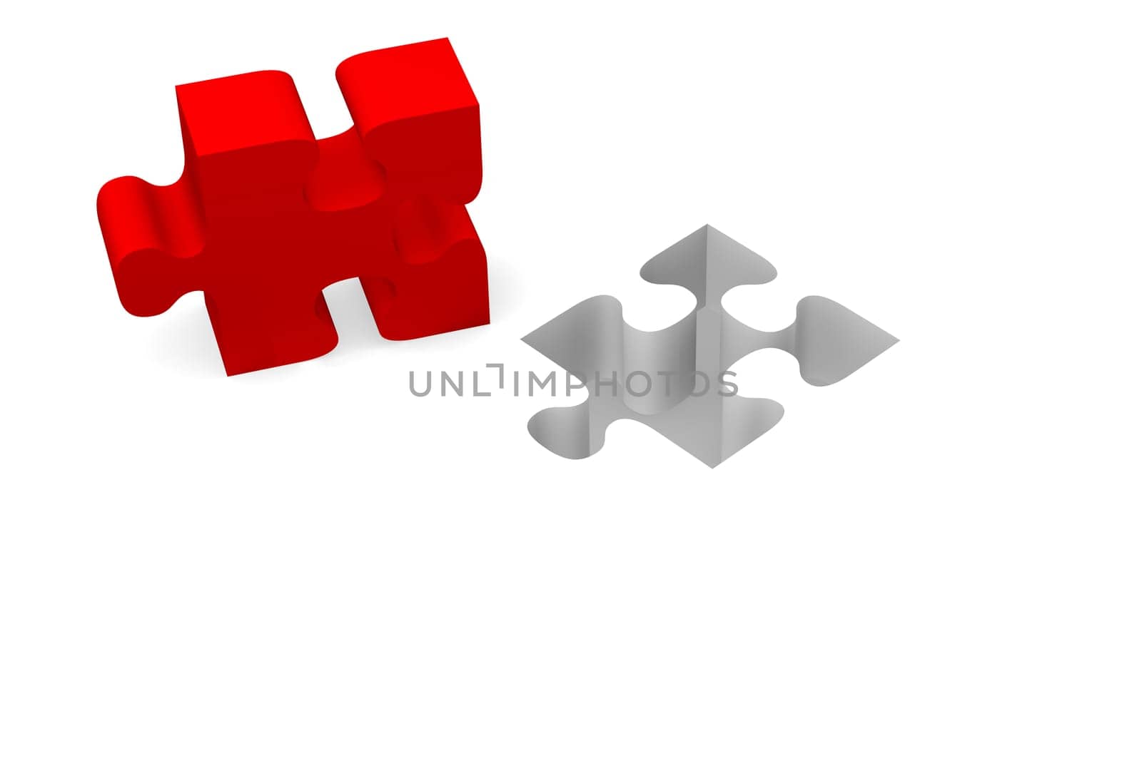 Red piece of puzzle on a white background, 3d rendering