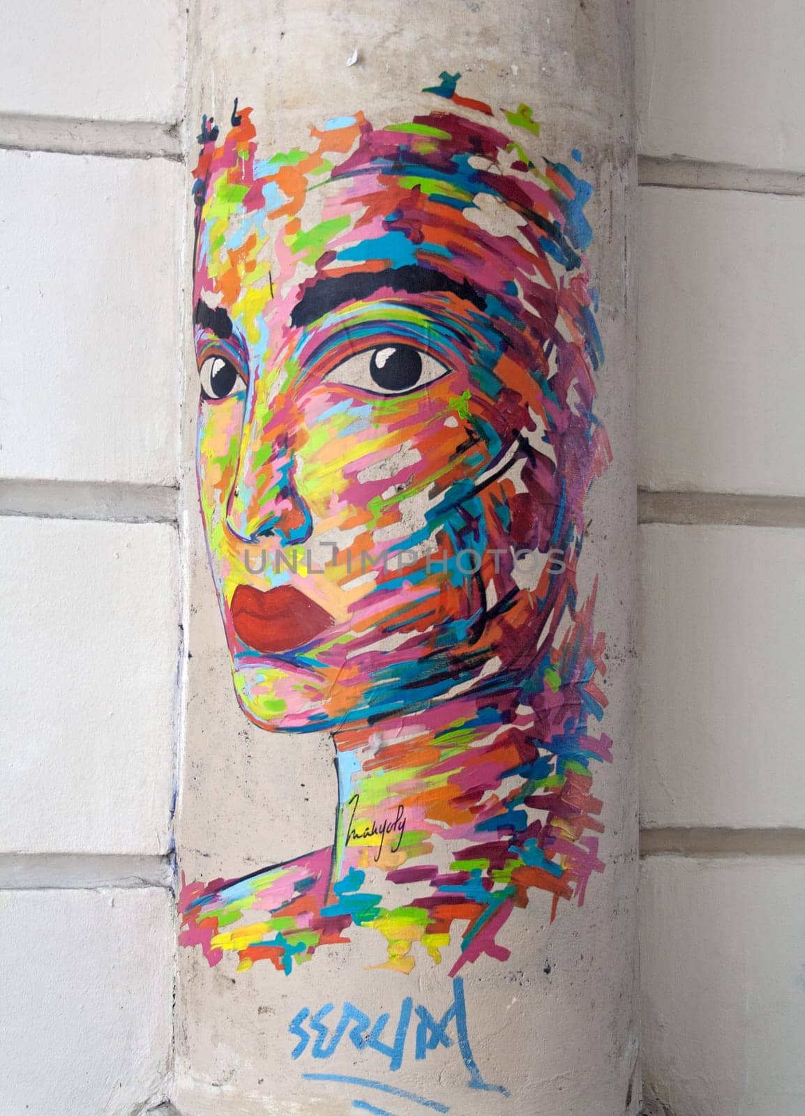 graffiti of a female head on a column in paris