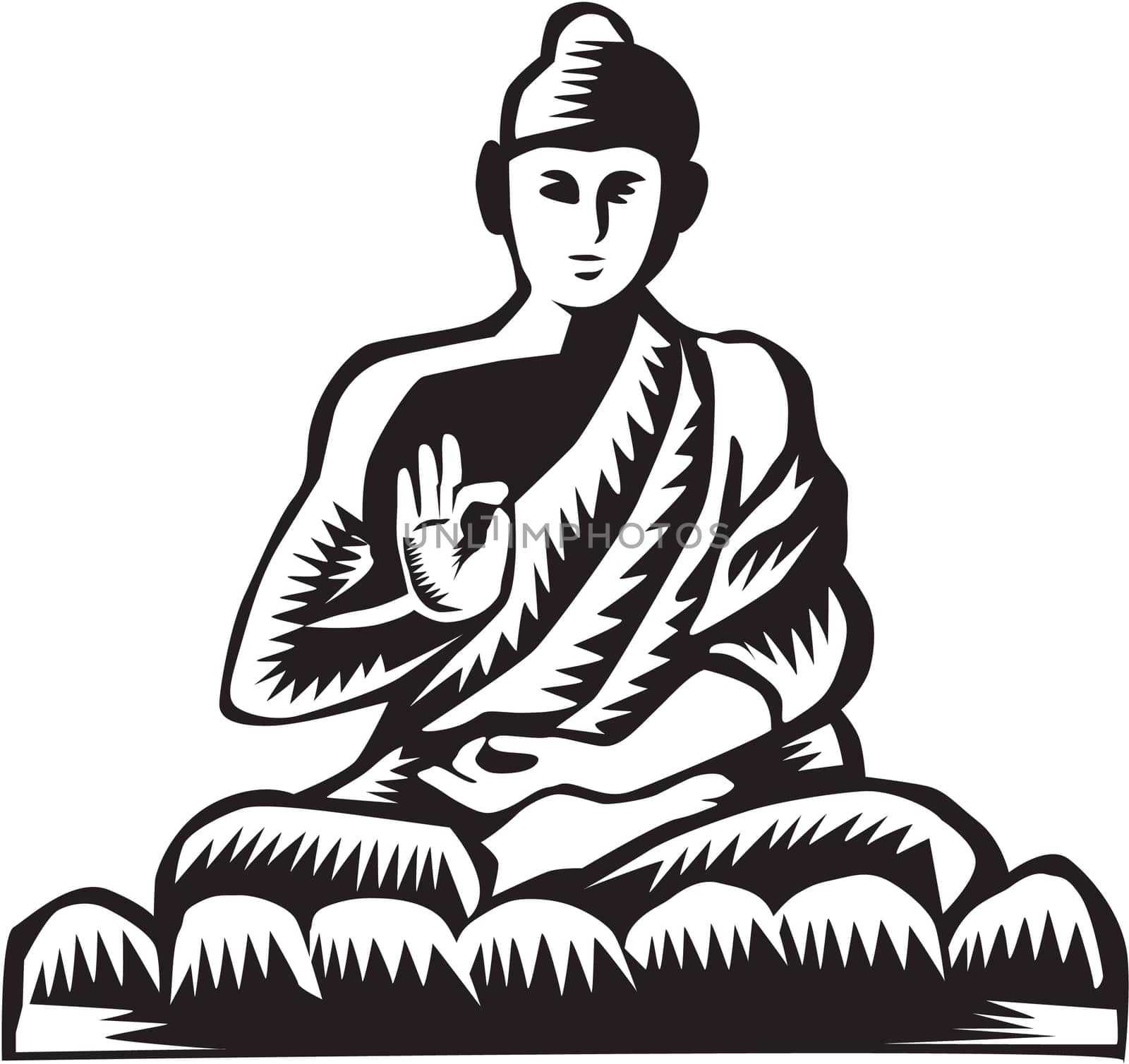 Illustration of a Gautama Buddha, Siddhārtha Gautama, Shakyamuni Buddha in lotus position viewed from front set on isolated white background done in retro woodcut style.