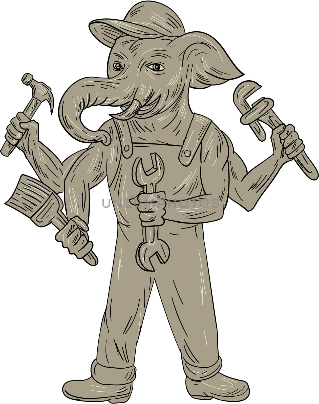 Drawing sketch style illustration of a ganesha elephant handyman holding tools viewed from front set on isolated white background.