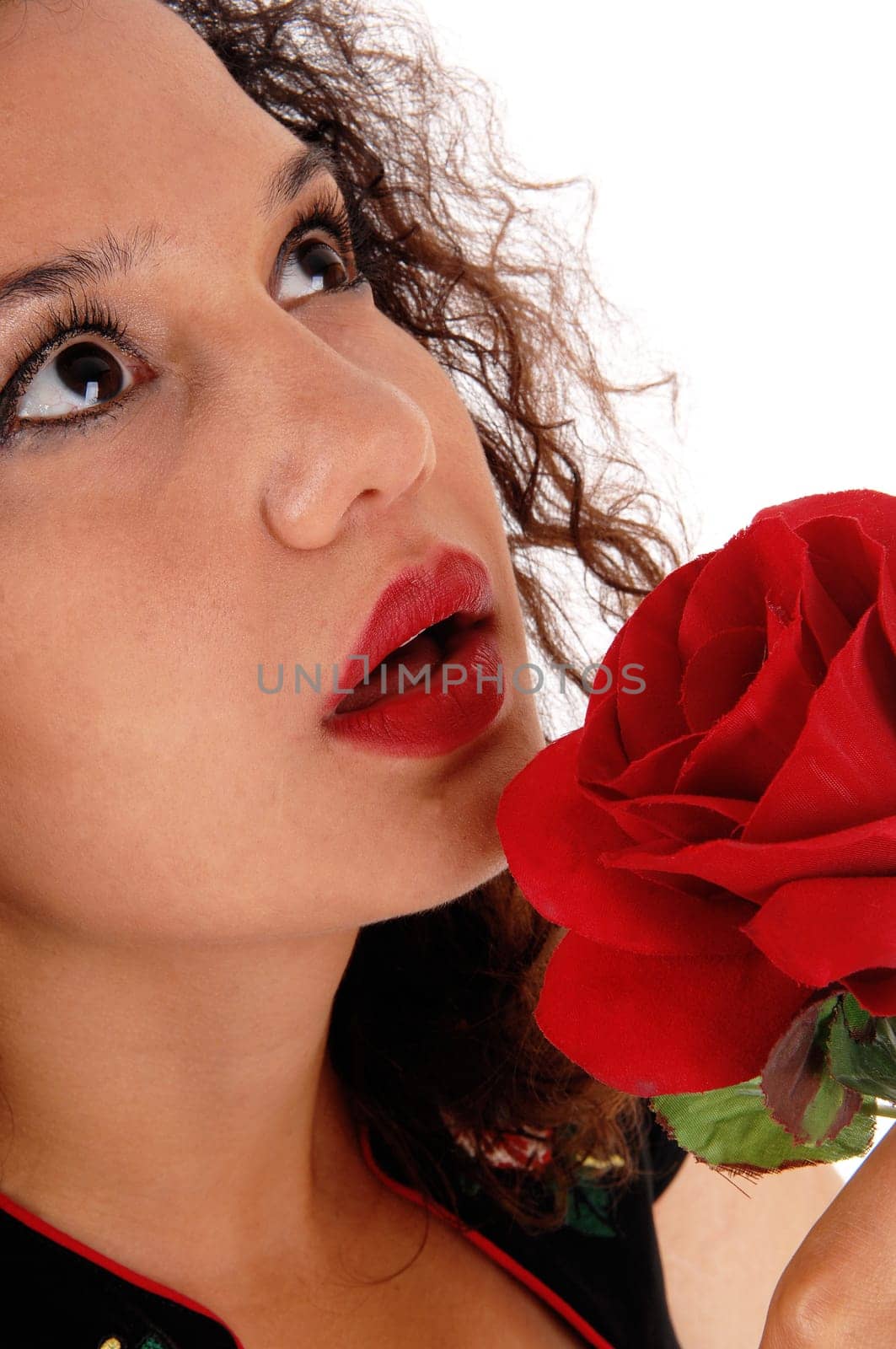 A closeup image of a beautiful young woman holding a red rose close.to her face, isolated for white background..