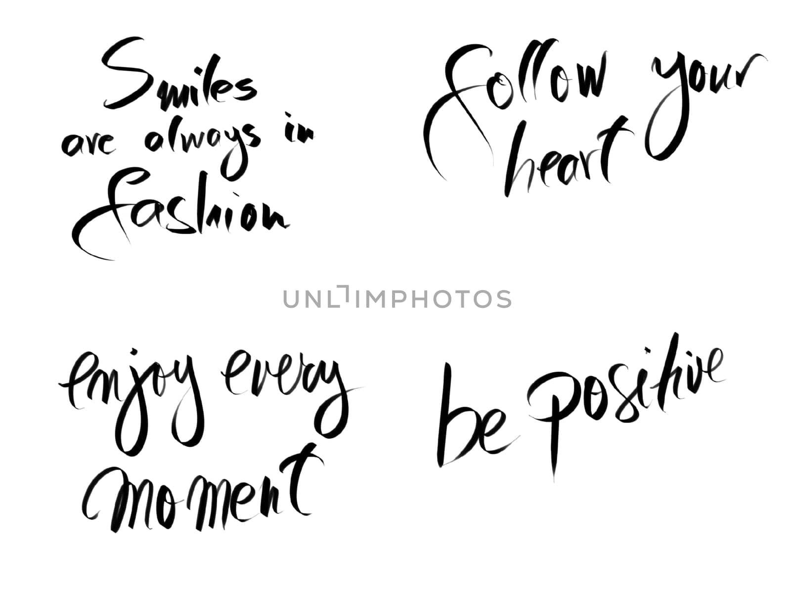 Photo collage with motivational messages isolated on white. Authentic hand writing isolated over white background as graphic resource.