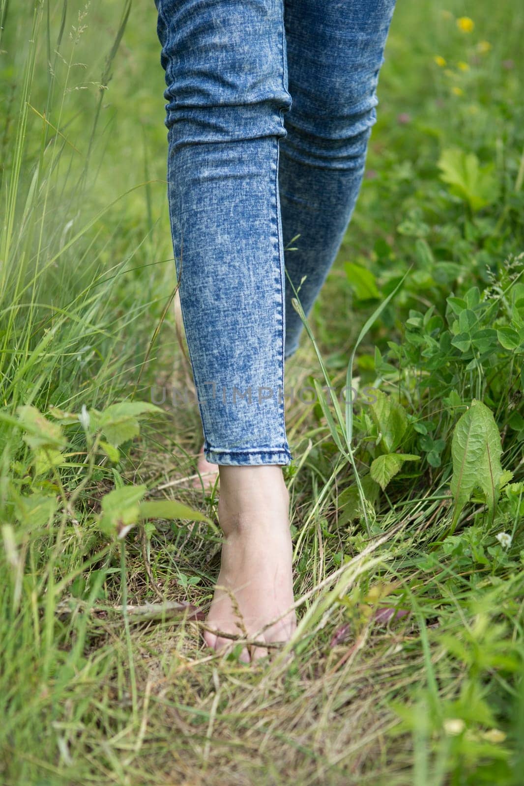 Beautiful young female legs walking on the grass in summer