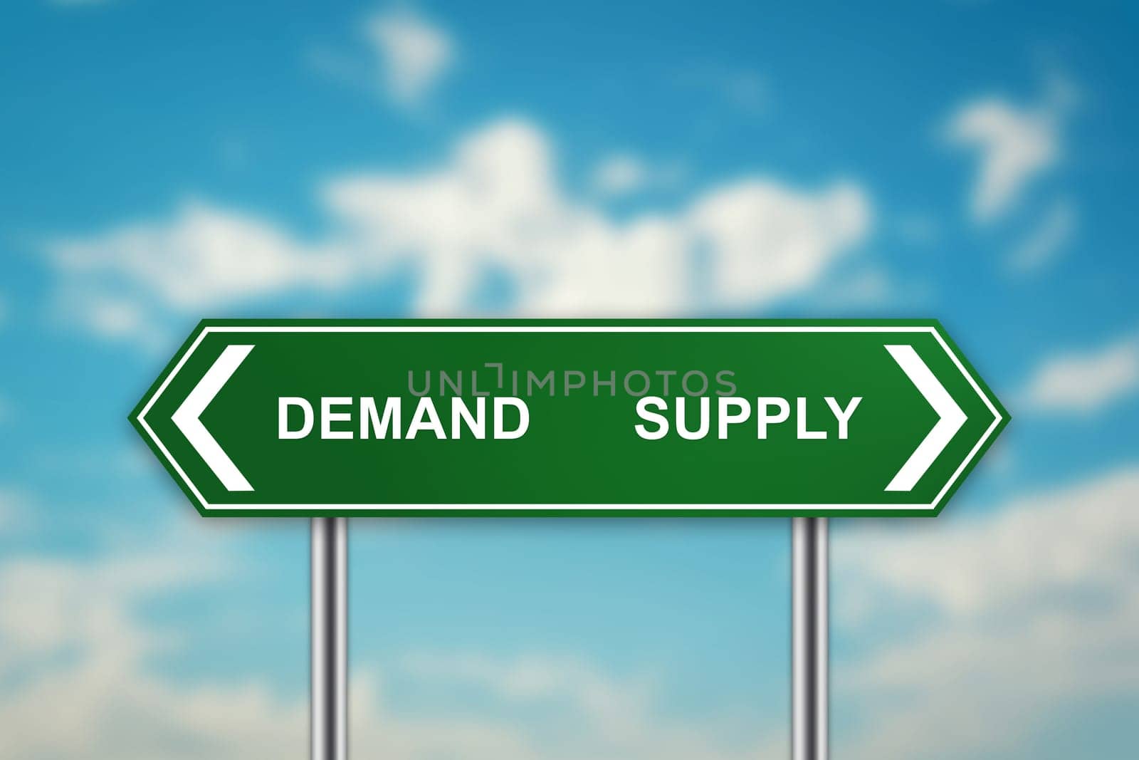 demand and supply on green road sign with blurred blue sky