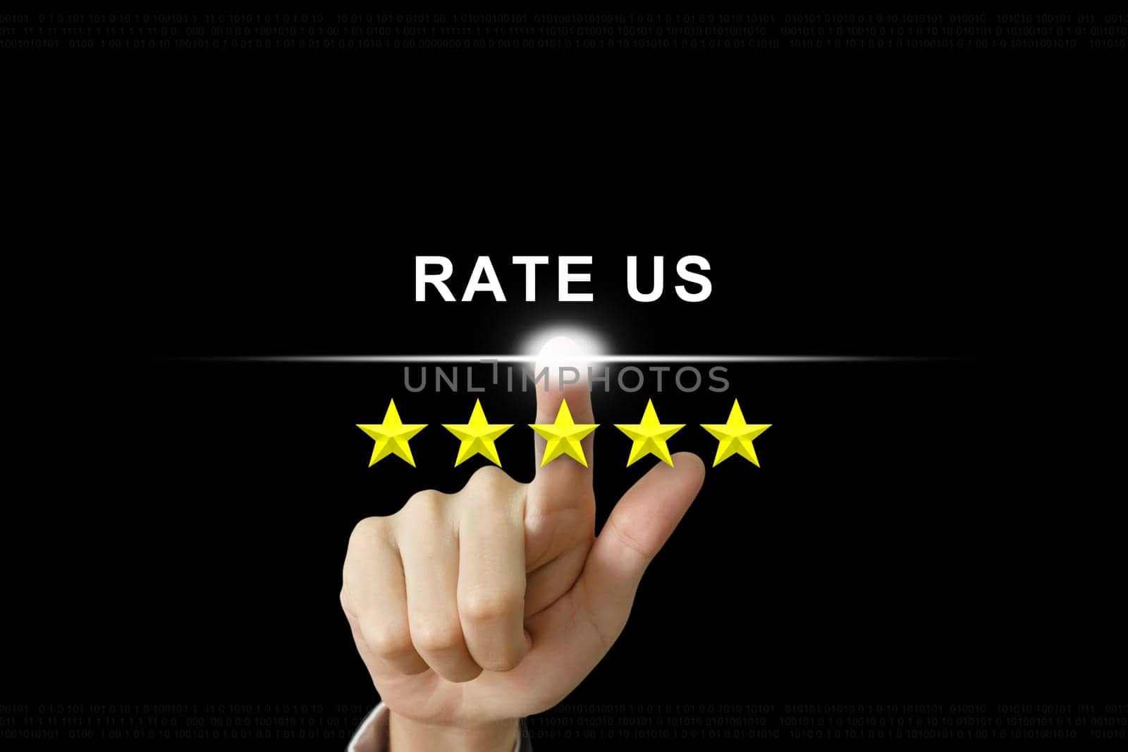 business hand clicking rate us with five stars on screen