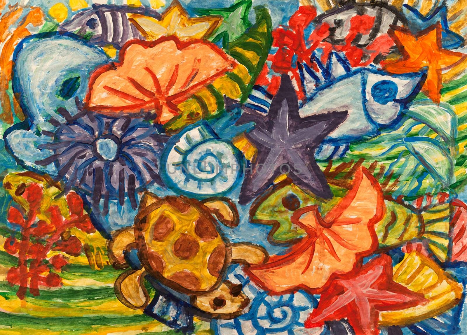 Underwater world abstract acrylic painting.