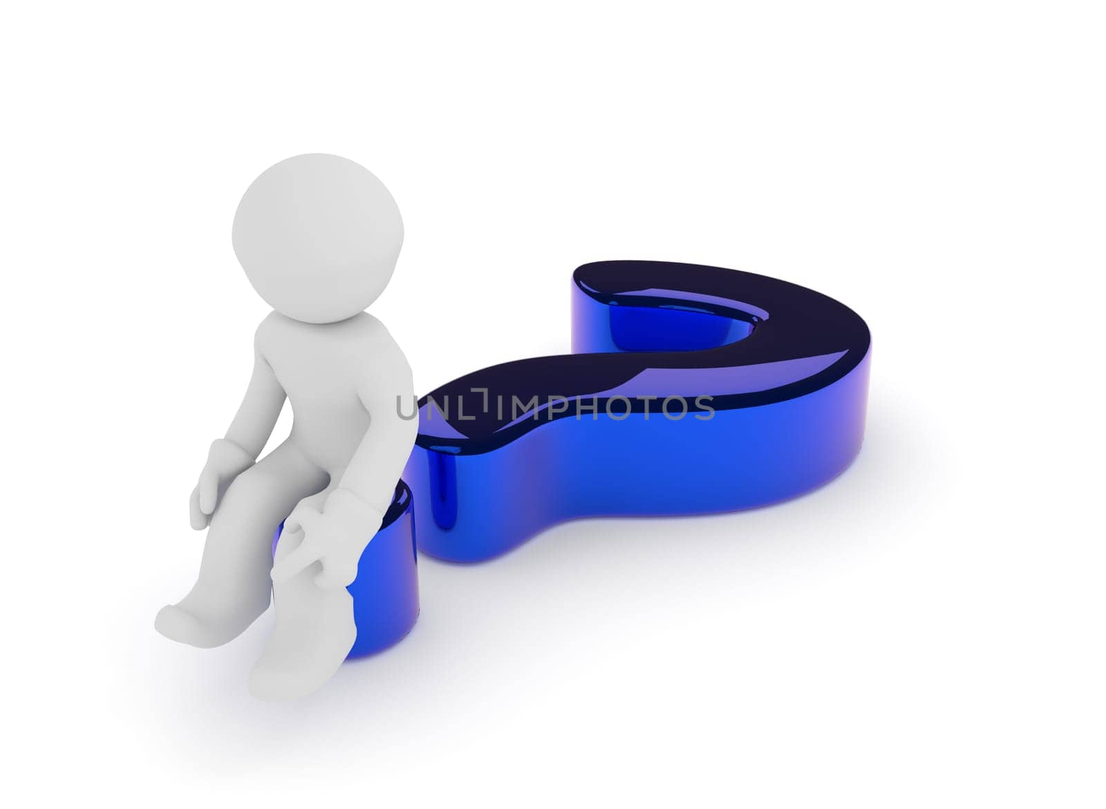 Small character sitting on a glossy blue question mark on a white background, 3d render