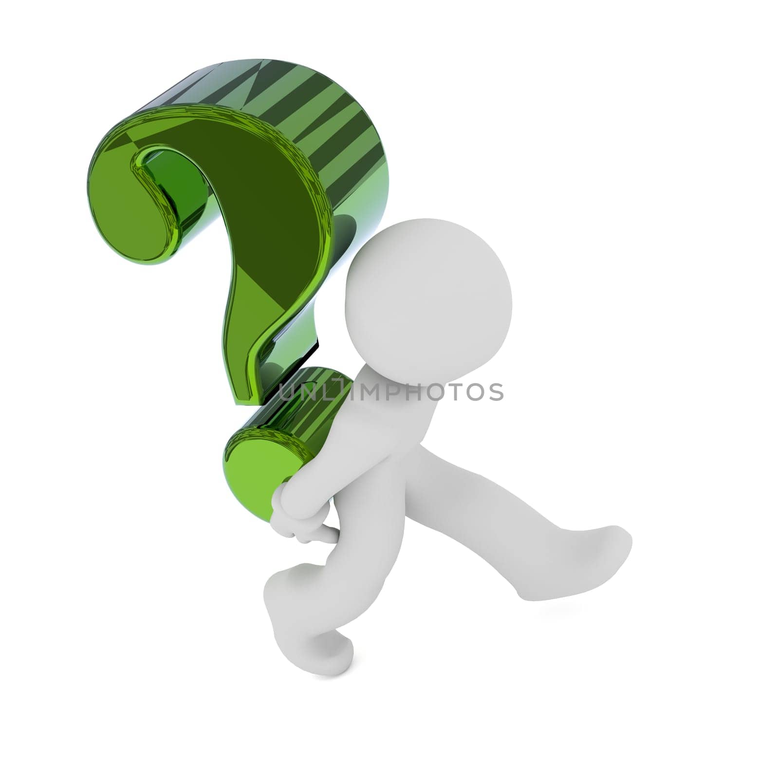 Small character carry a big green Question mark, 3d rendering