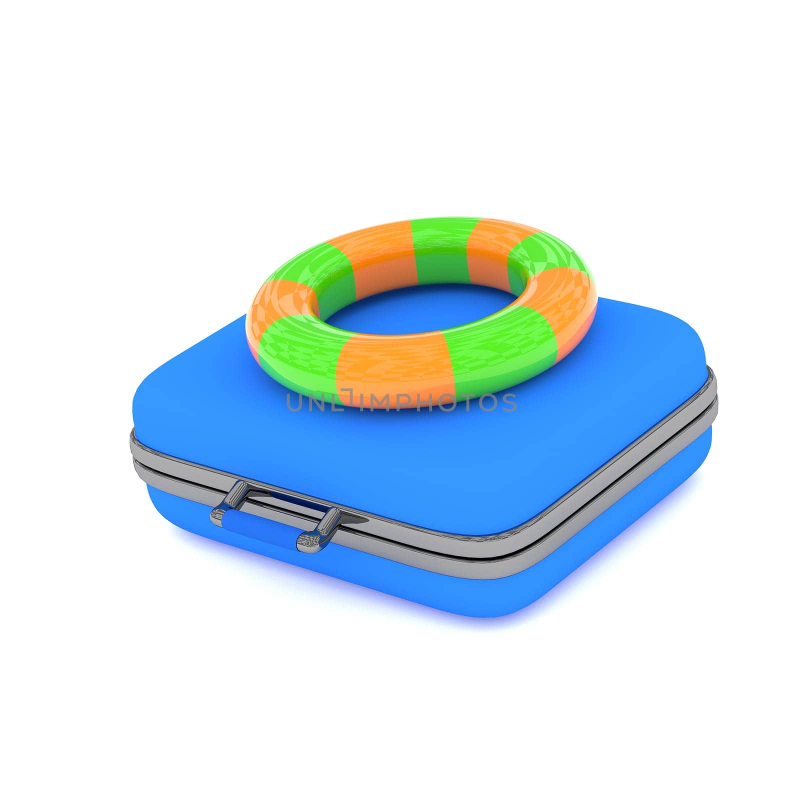 Blue luggage with a colorful floating ring on a white background, 3d rendering
