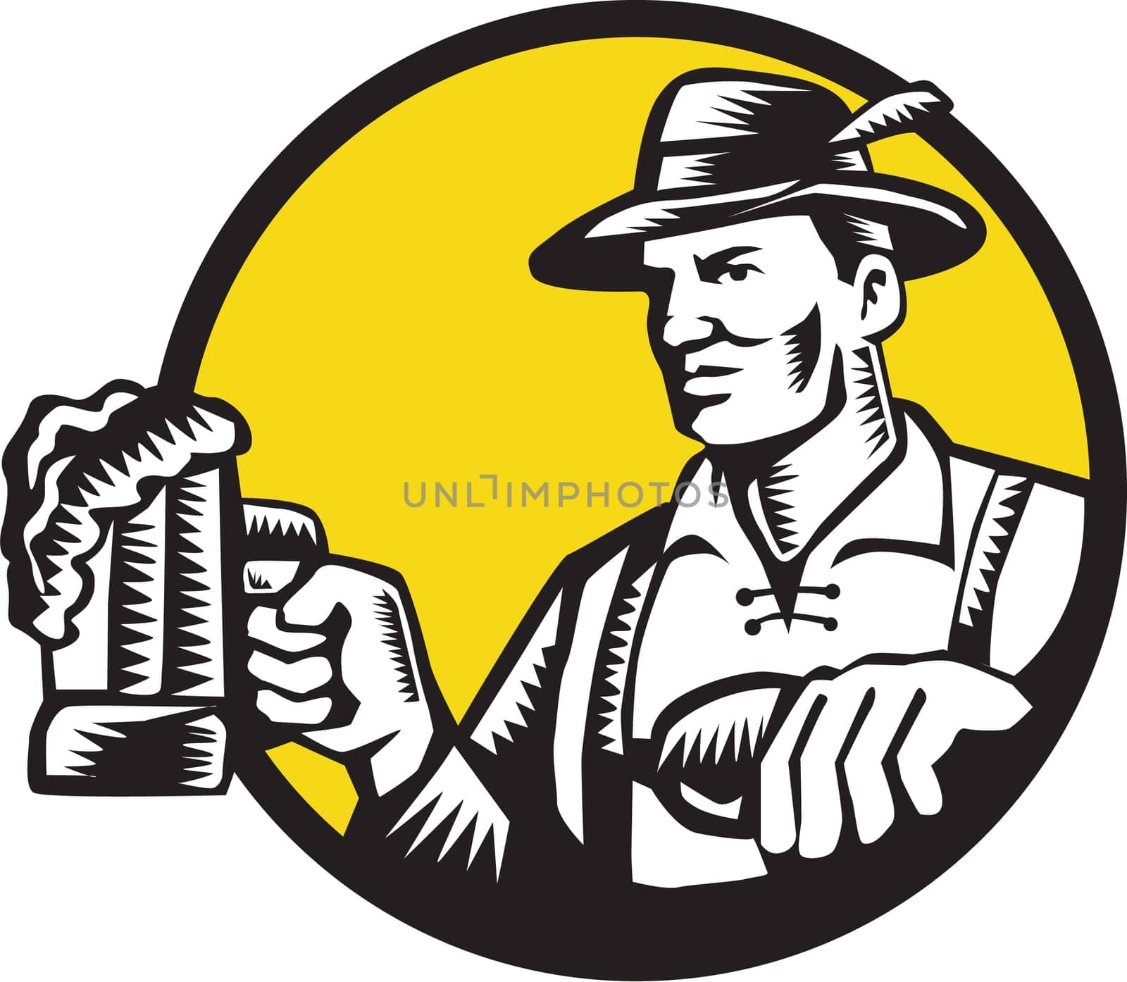 Illustration of a Bavarian beer drinker holding beer mug wearing lederhosen and German hat looking to the side set inside circle done in retro woodcut style.