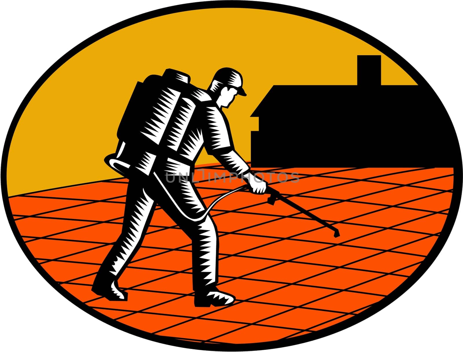 Illustration of a paver sealer contractor sealing paving with house in the background set inside oval shape done in retro woodcut style.