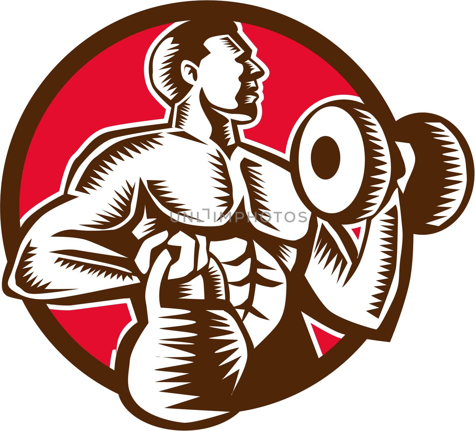 Illustration of an athlete weightlifter lifting kettlebell with one hand and pumping dumbbell on the other hand facing side set inside circle on isolated background done in retro woodcut style.