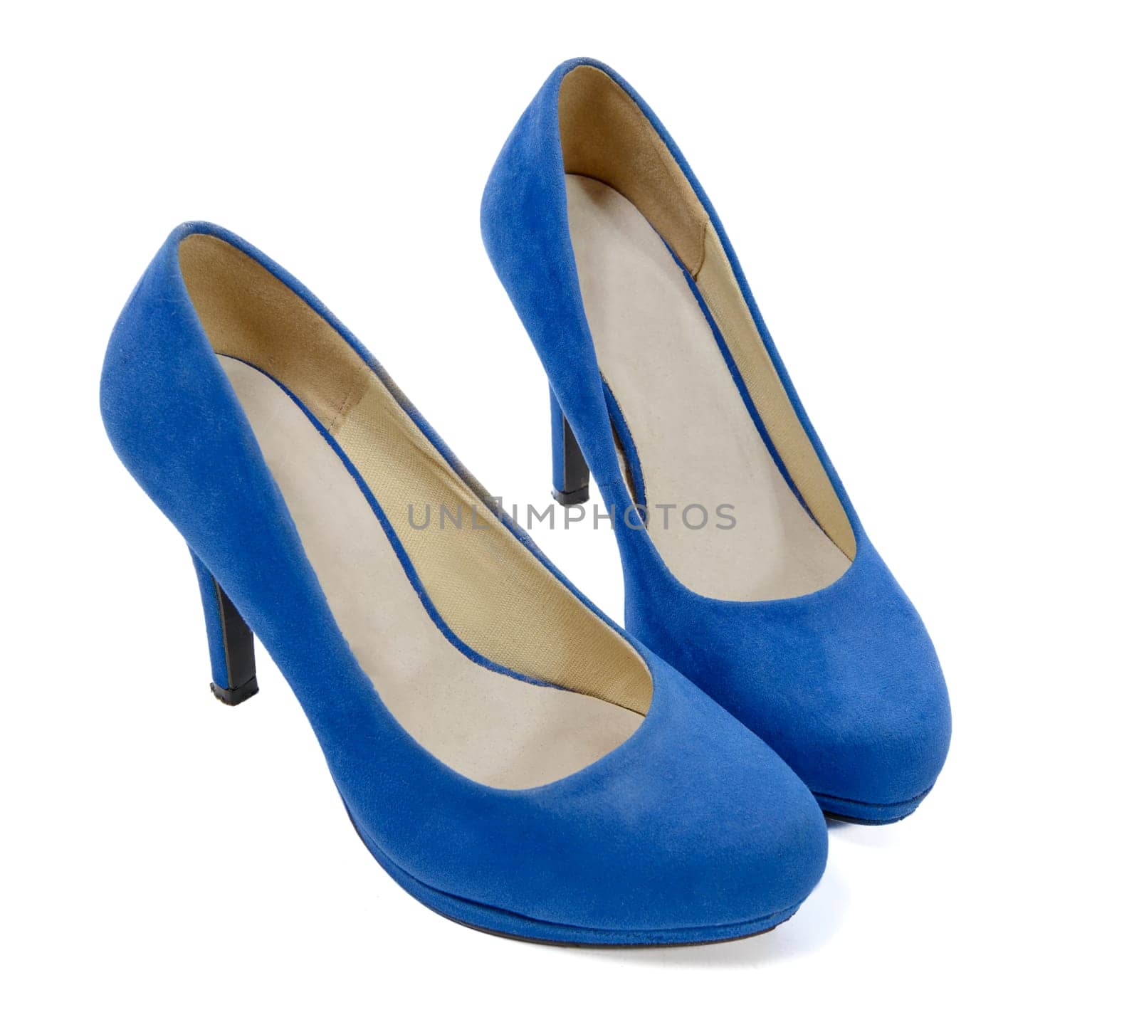pair of blue high heels isolated on white background