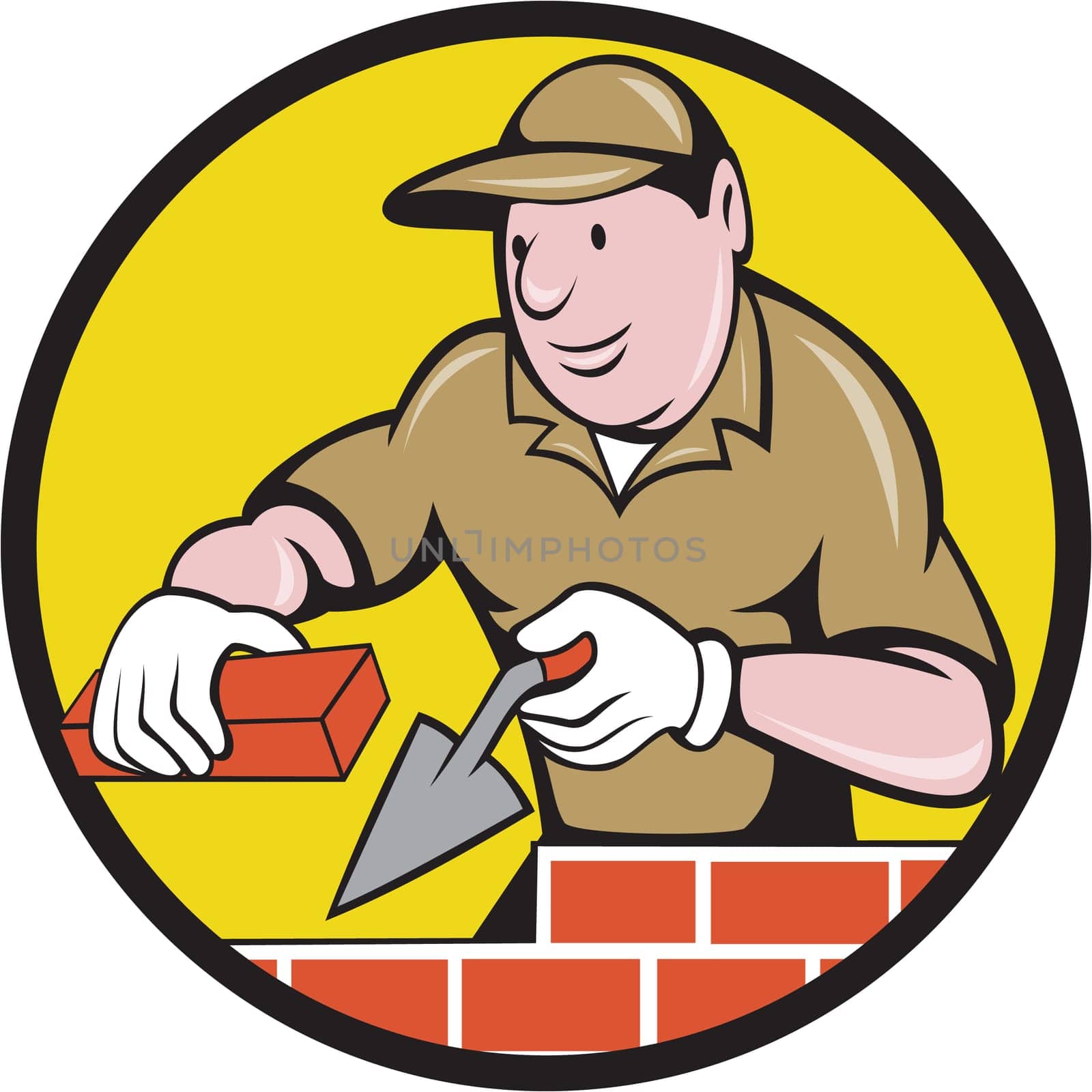 Illustration of a bricklayer mason plasterer construction worker at work holding brick and trowel set inside circle done in cartoon style.