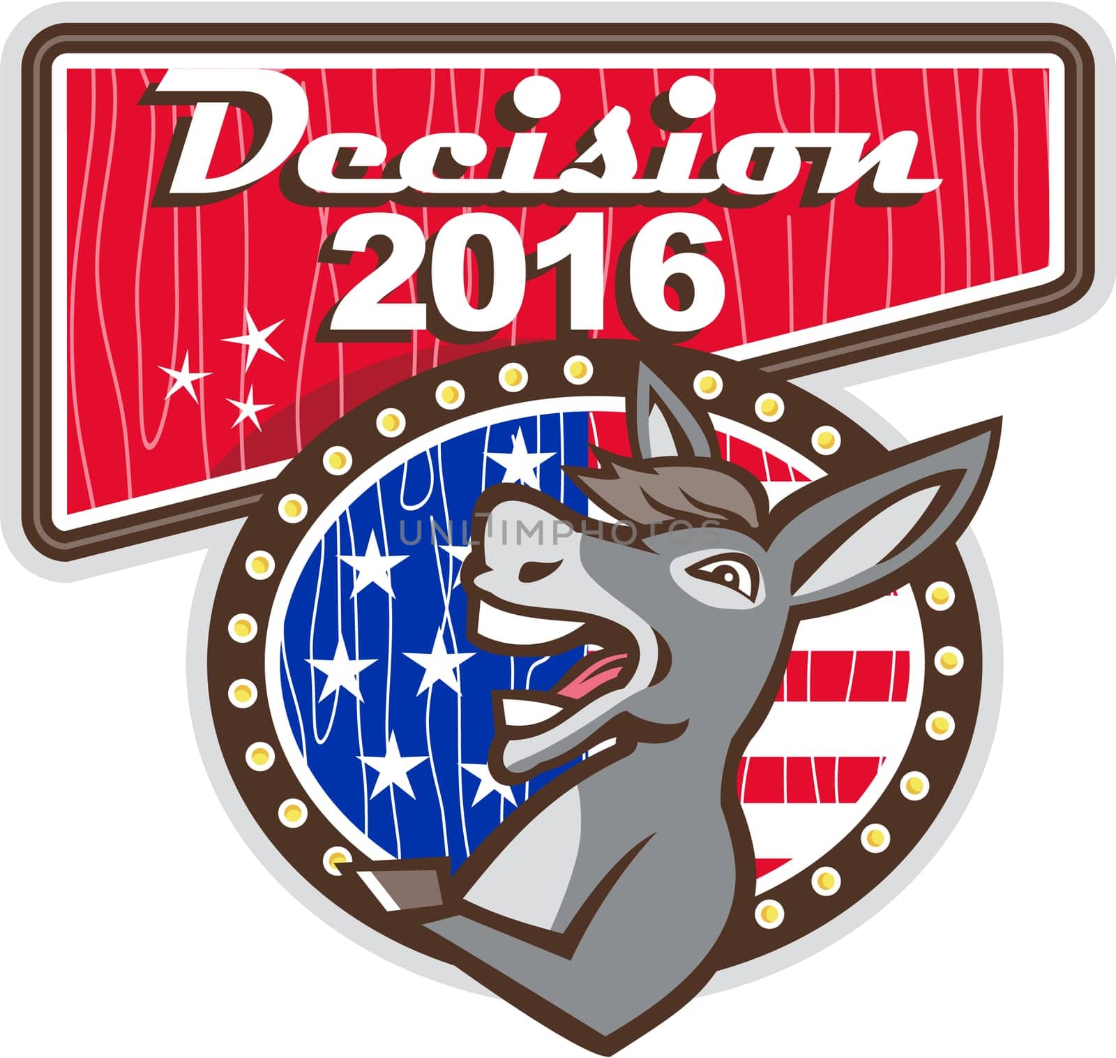 Illustration of a democrat donkey mascot of the democratic grand old party gop smiling looking to the side set inside oval shape with american stars and stripes flag in the background and the words Decision 2016 inside a rectangle shape.