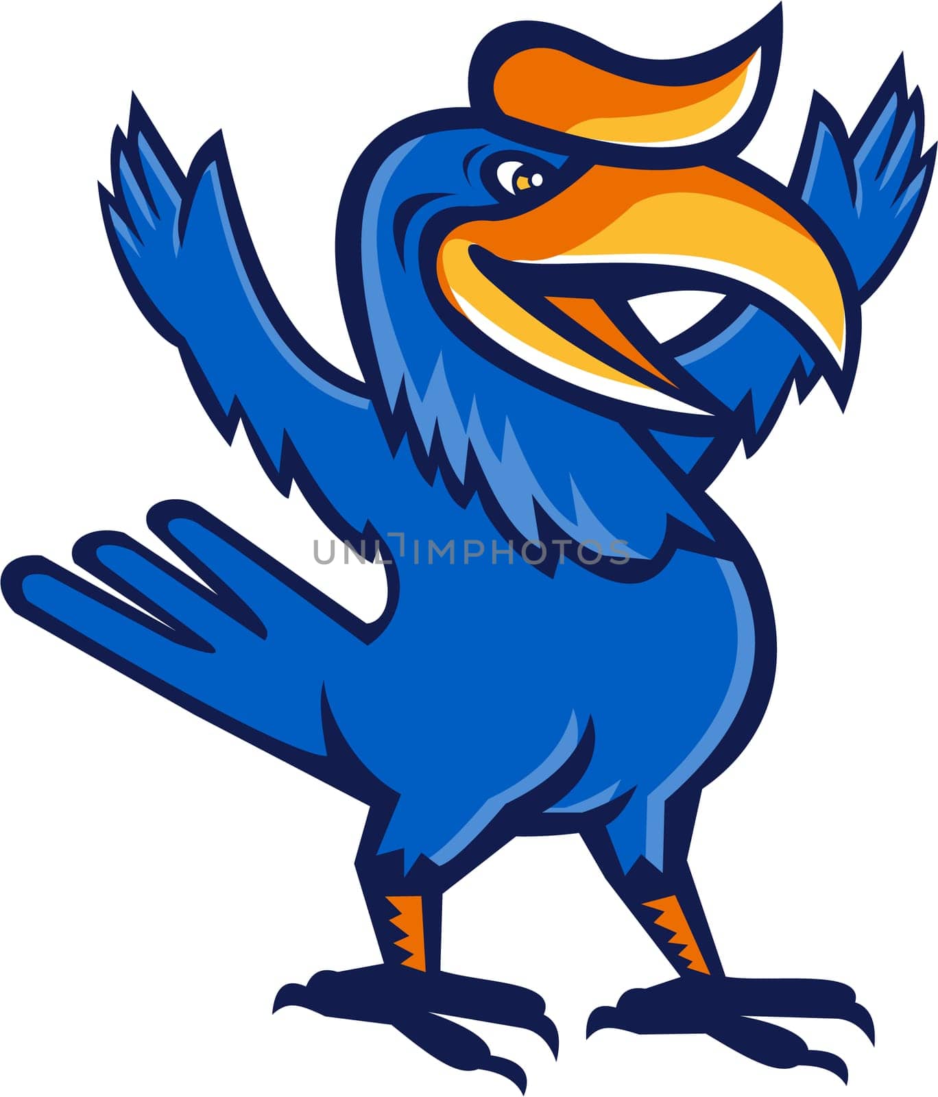 Illustration of a hornbill or bucerotidae, a bird with a  a long, down-curved bill full body standing looking to the side with open arms set on isolated white background done in cartoon style.