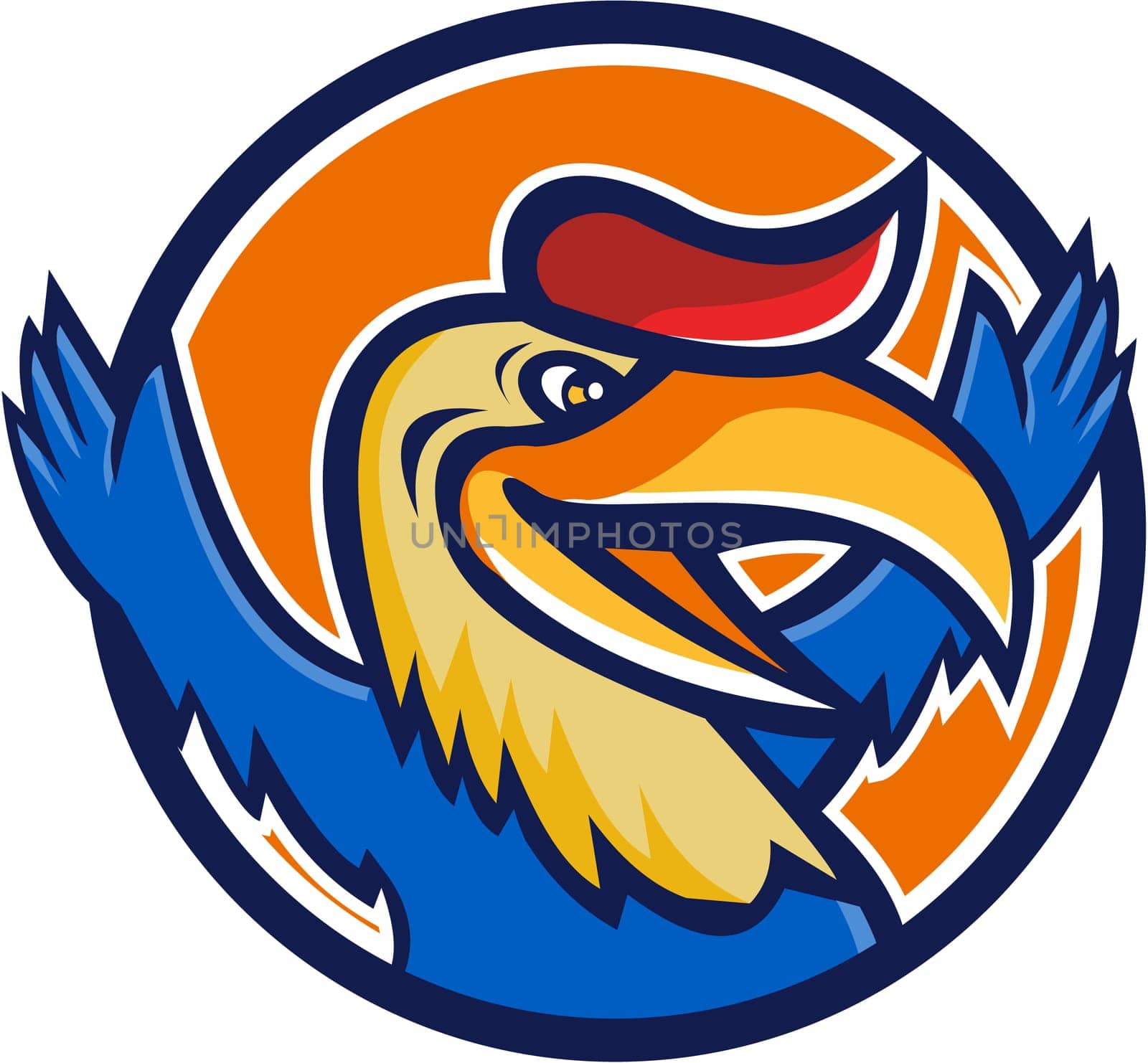 Illustration of a hornbill or bucerotidae, a bird with a  a long, down-curved bill looking to the side with open arms set inside circle on isolated background done in cartoon style.